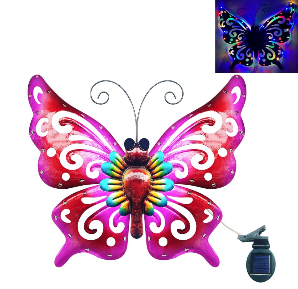 Solar Garden Light, Metal Butterfly Wall Art, 19' Large Hanging Decor for Garden Patio Fences Porch Yard Art Outdoor Wall Decor, Valentine Decorative Lighting, Housewarming Wedding Birthday Gift