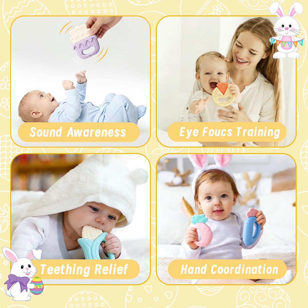DIYDEC 8PCS Prefilled with Easter Eggs Teething Toys, Baby Rattles Teether Toys Party Favors for Kids Silicone Shaker Sensory Toys for Boy Girl Easter Basket Stuffer Supplies Ages 3+ Months