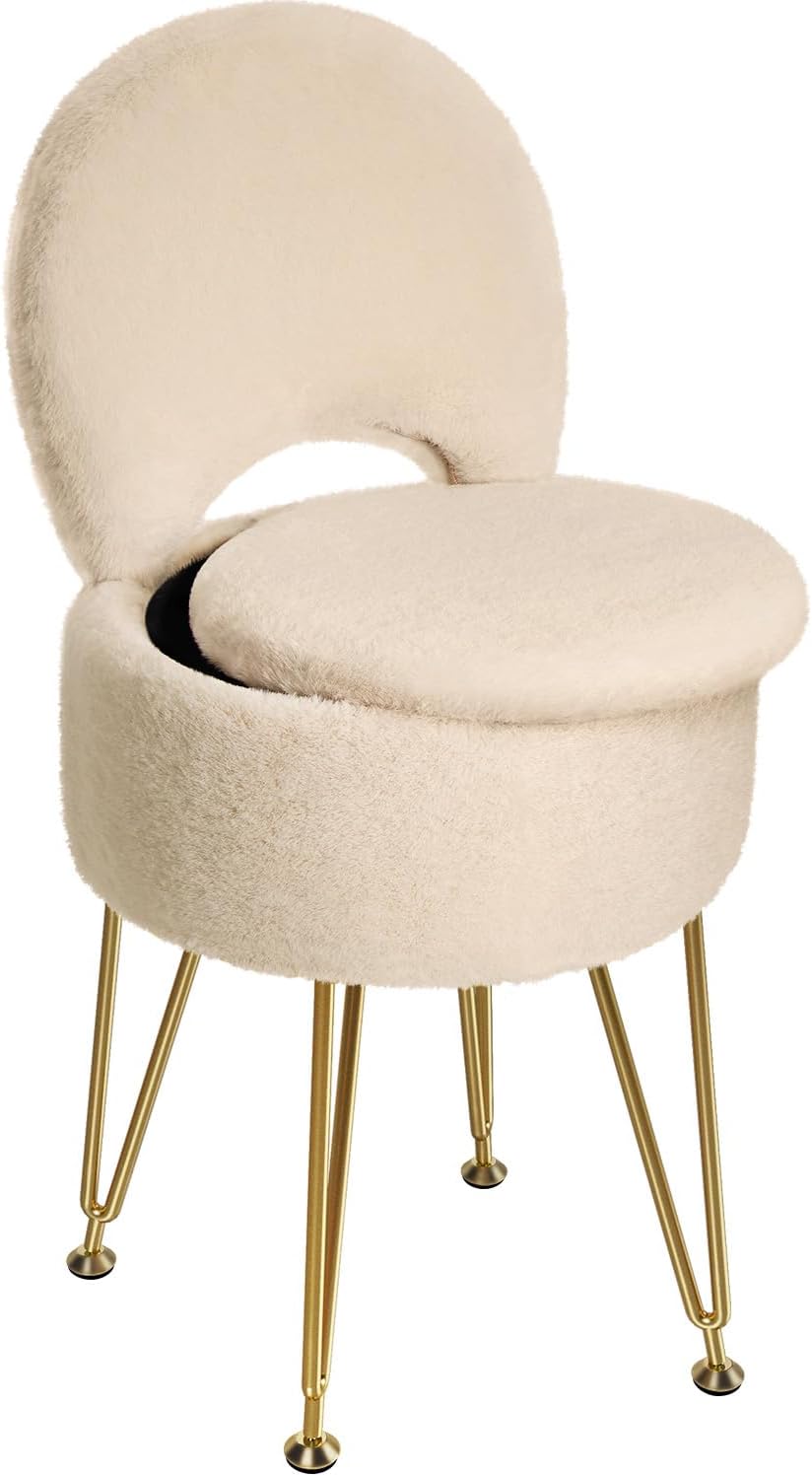 GREENSTELL Small Vanity Stool Chair with Storage and Folding Back, 13" x 13" x 17.7" Faux Fur Soft Ottoman for Teenager, 4 Metal Legs with Anti-Slip Feet, Furry Padded Seat for Makeup, Bedroom, Camel Camel 13"D x 13"W x 17.7"H