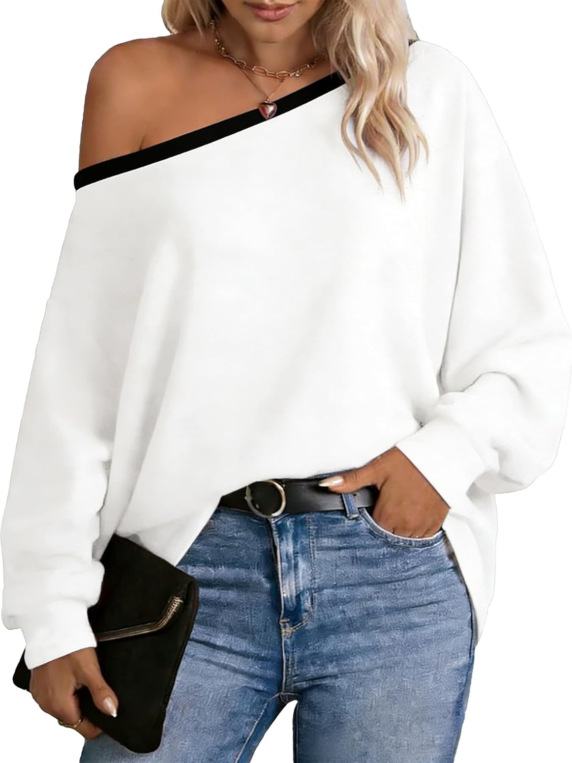 Dressmine Womens Off Cold Shoulder Tops Long Sleeve Asymmetrical Batwing Sweatshirts Blouse Casual Loose Tunics