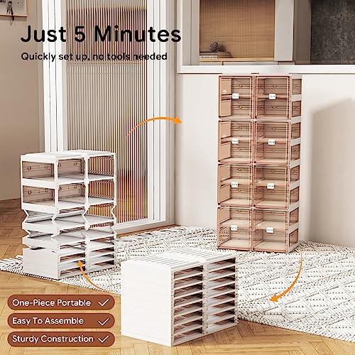 BINSIO Shoe Organizer, Shoe Storage Rack for Closet, Shoe Cabinet for Entryway, Plastic, Foldable Shoe Box, Fast Assembly Shoe Shelf, One Piece Sturdy Sneaker Holder, Clear Brown Doors - 8 Tiers