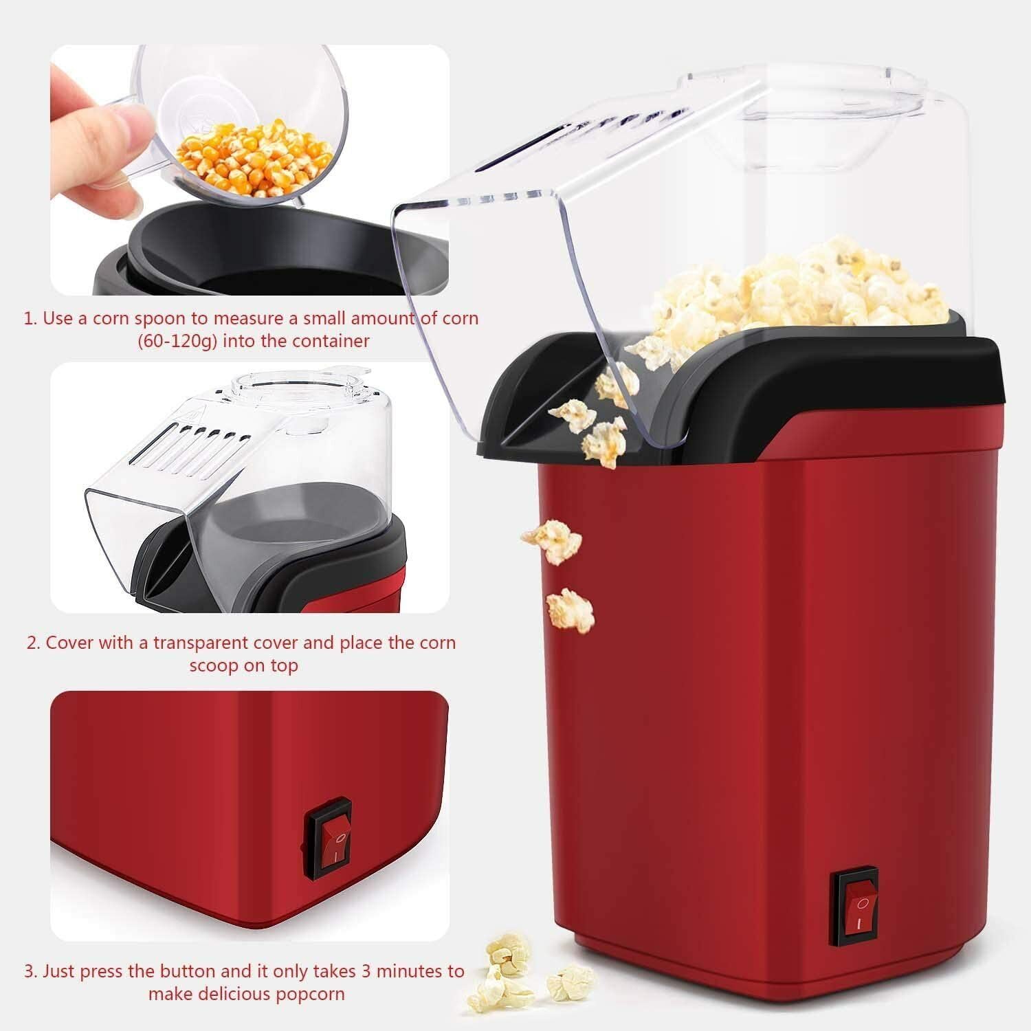 Generic Hot Air Popcorn Maker Machine Electric 1200W, No oil needed Healthy Delicious Popcorn Popper Maker, Large, INSALLIN-003