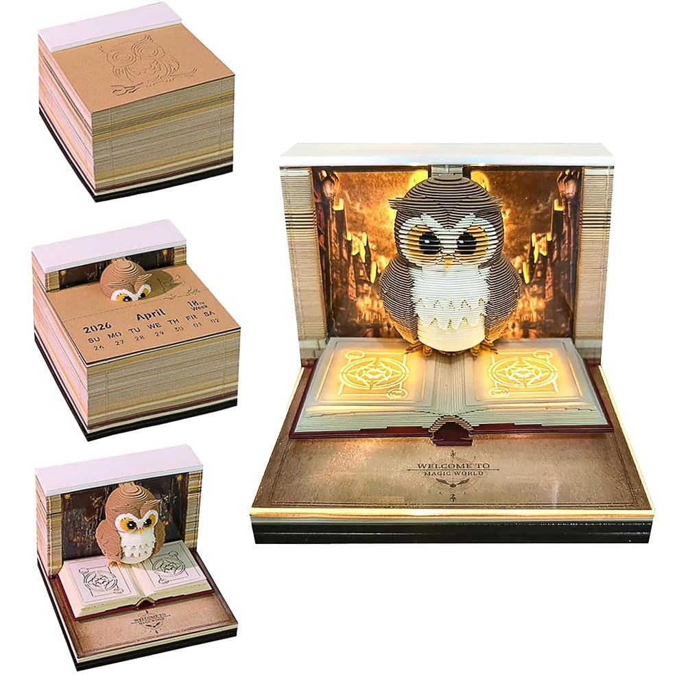 RNPKZ 3D Calendar 2026, Owl-shaped Time Piece Calendar, Tear Away Carving Time Piece Notepad with LED Lights, DIY 3D Memo Pad Paper Carving Art for Christmas Thanksgiving Offices Desktop Decoration