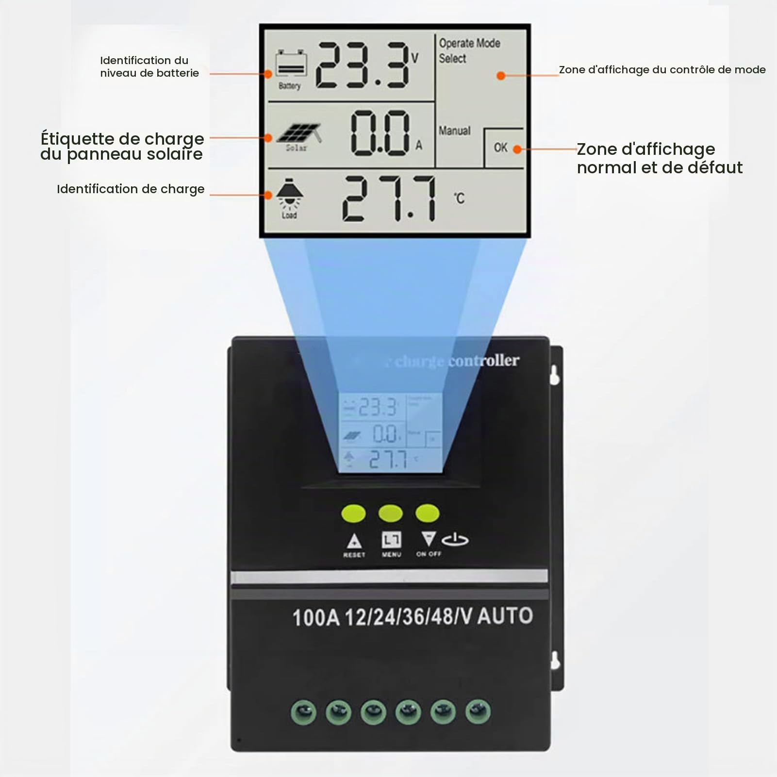 Contrôleur Solaire MPPT 100 A, 12 V, 24 V, 36 V, 48 V, Automatique, Deux Ports de USB, écran LCD rétroéclairé, de la Batterie, Contrôleur de Solaire pour Système PV,