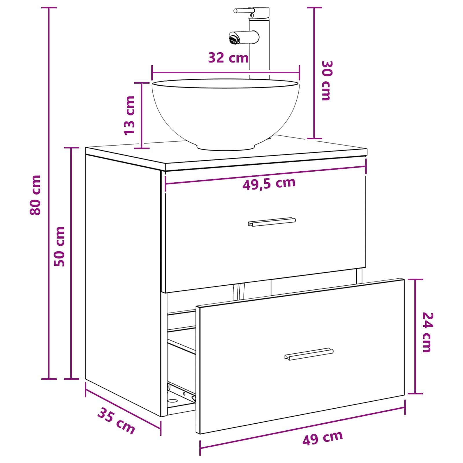 Mobile sottolavabo da parete in legno bianco, 49,5 x 35 x 63 cm, con cassetto e porta, per mobili da bagno e WC degli ospiti, mobiletto sottolavabo salvaspazio con ripiano e accessori di