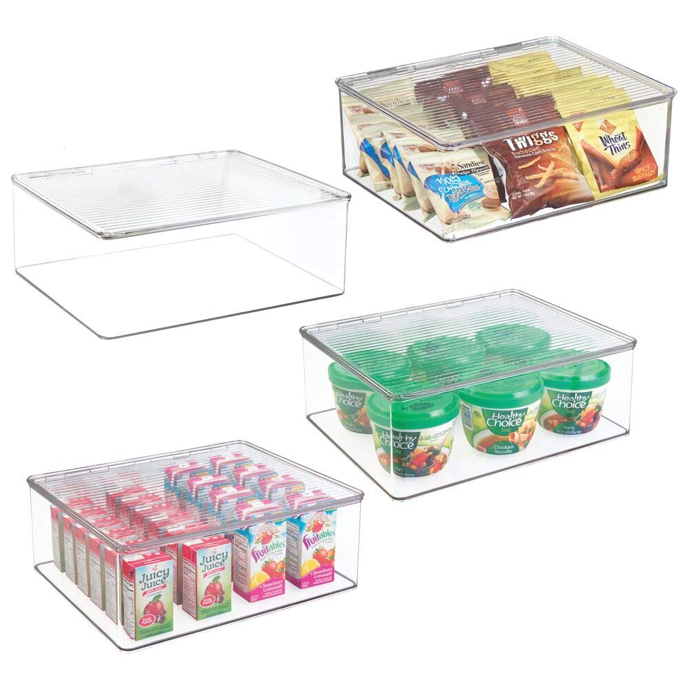 mDesign Plastic Stackable Kitchen Pantry Cabinet/Refrigerator Food Storage Container Box with Lid - Organizer and Holder for Packets, Snacks, Fruits, Produce, Pasta - BPA Free, 4 Pack - Clear
