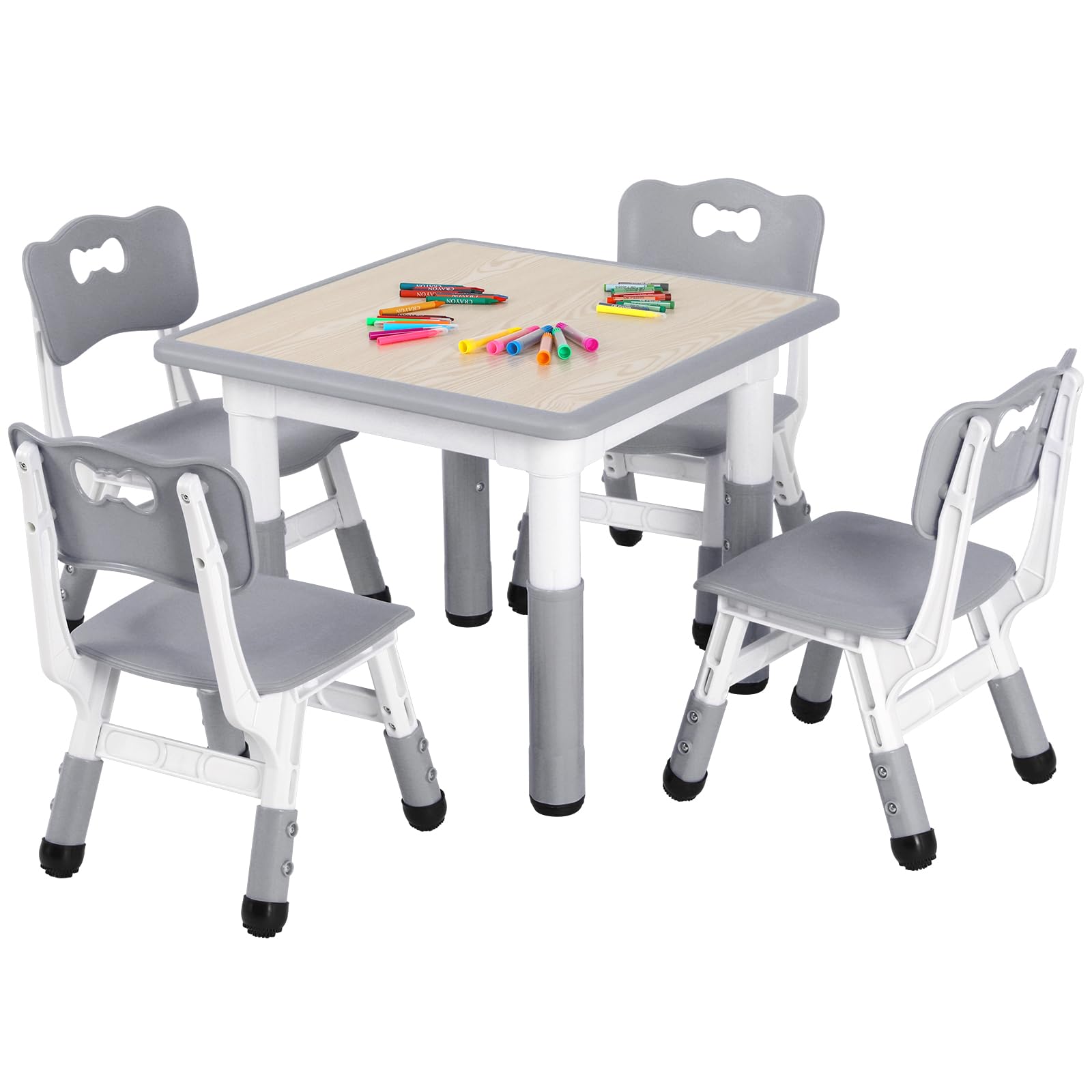Arlopu Kids Study Table and Chair Set, Height Adjustable Children Desk and 4 Chairs Set, Toddler Multi-Activity Table Set for Reading, Drawing, Eating, Max 220lbs (Light Green, Square Table) (Grey)