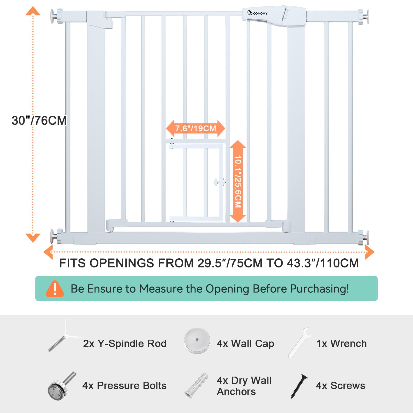 COMOMY Barrera para Perros con Puerta Pequeña y 2 Extensiones, 75-103 cm Barrera Seguridad niños Escalera, Auto Close, Sin Taladrar, Blanco | Puerta de seguridad montada a presión, incluye 4 tazas de pared y 2 piezas de extensión, color blanco