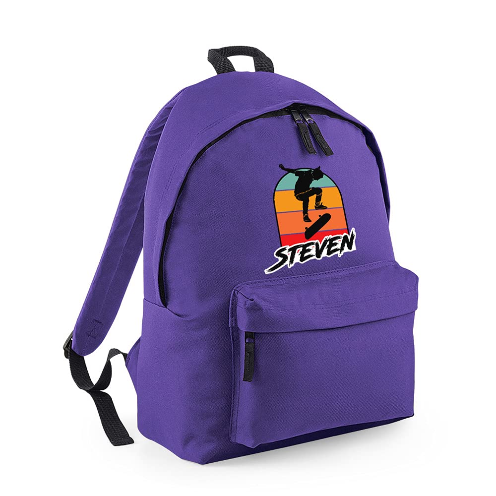 Getagift Unisex Kids Purple Personalised Any Name Skateboarding, Silhouette Skater, Skateboarder Gift For Boys/Girls/Toddler/Children, Fashion Backpack For Nursery, Rucksack Shoulder Bag. (Purple)