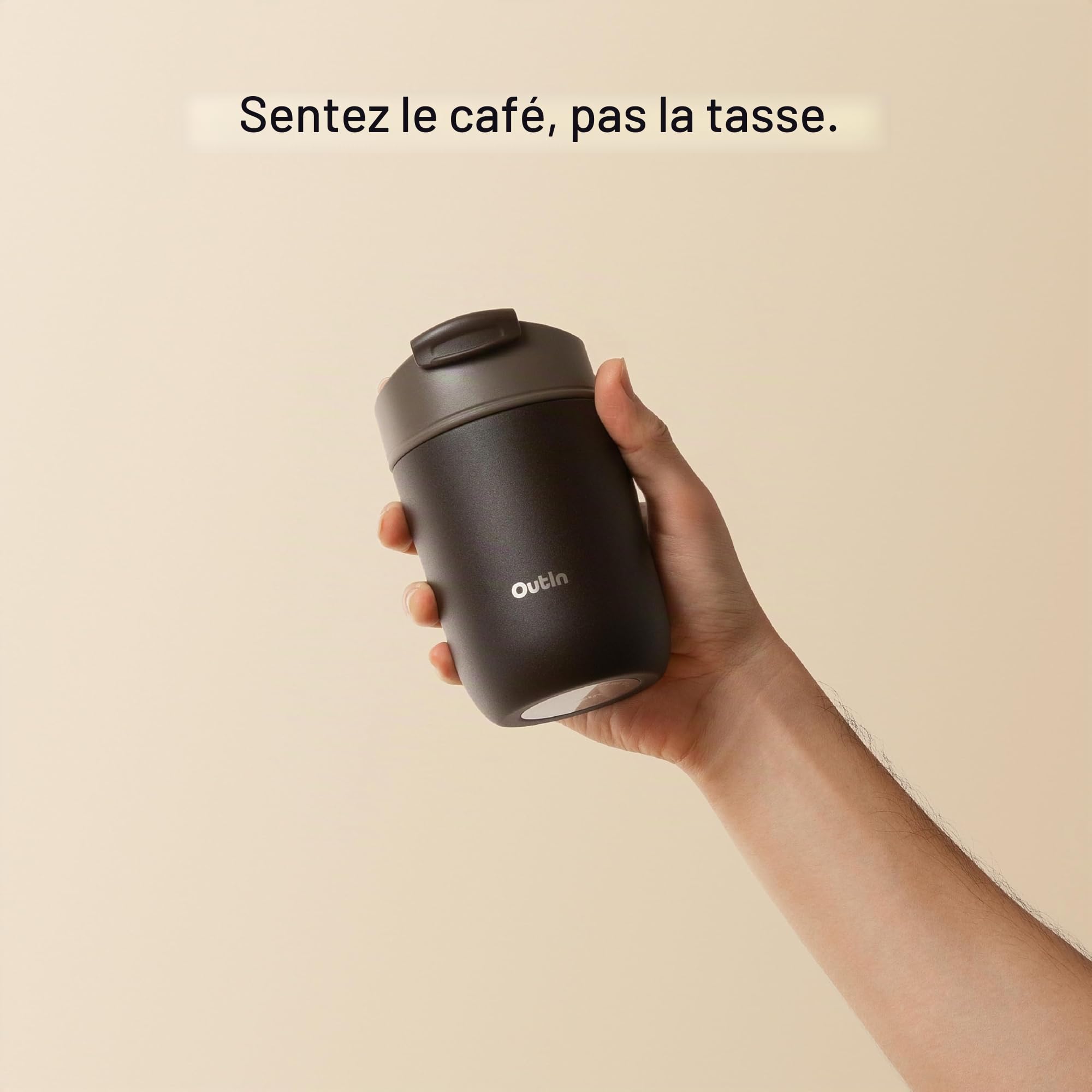 OutIn Mug isotherme avec couvercle rabattable, 350 ml, Terra Brown | Antifuite avec couvercle rabattable et acier inoxydable 316, garde chaud 6 h et froid 12 h, pour auto, bureau et voyage