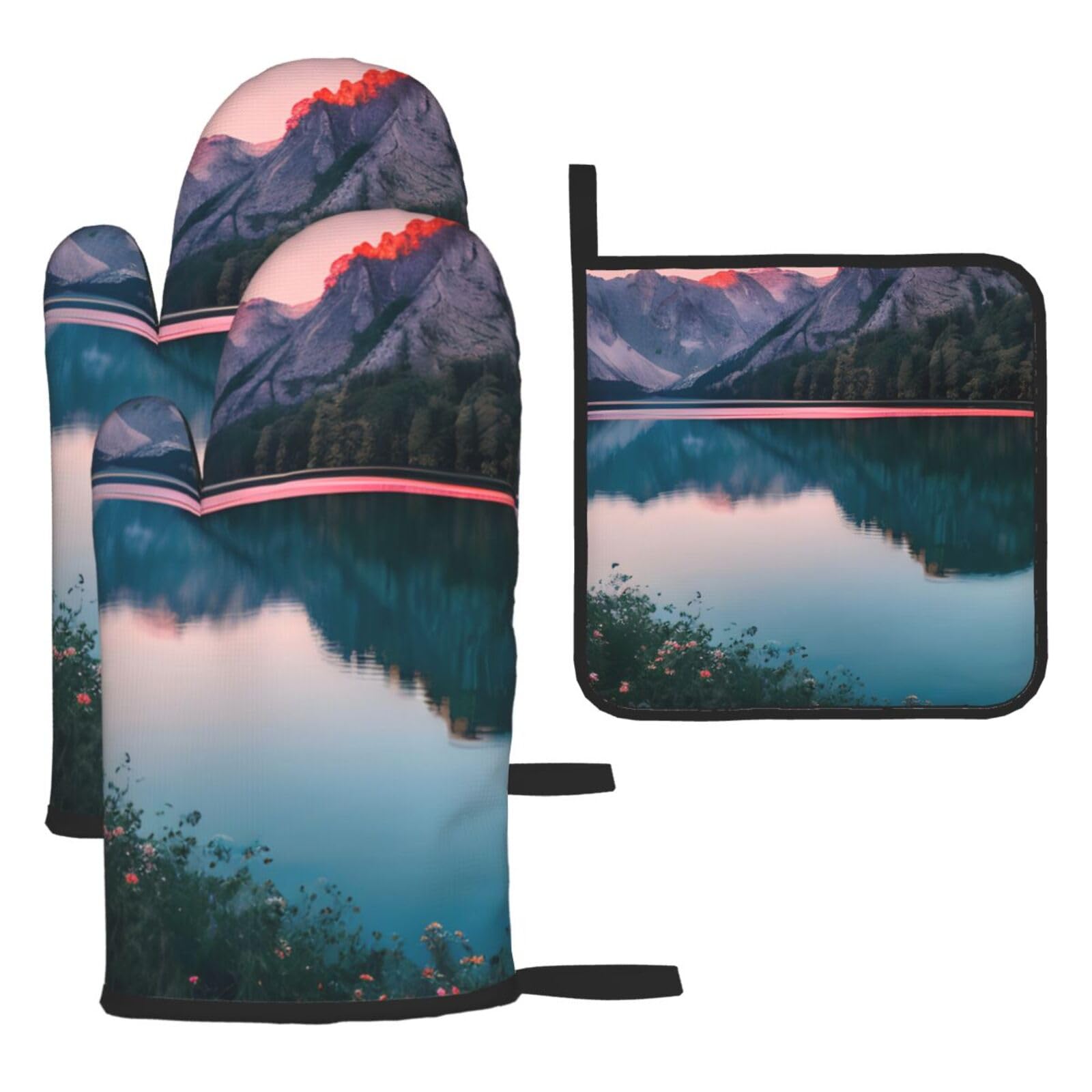 Lake And Sunset Print Oven Mitts Kitchen Gloves Set Everyday Baking Grilling Microwaving Cooking Gift