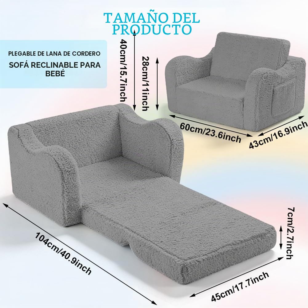 Sofá infantil desplegable, 2 en 1, sillón para niños a partir de 1 año y sofá infantil con funda extraíble – Rincón acogedor para dormitorio infantil, suave y seguro para niñas y niños (Gris)