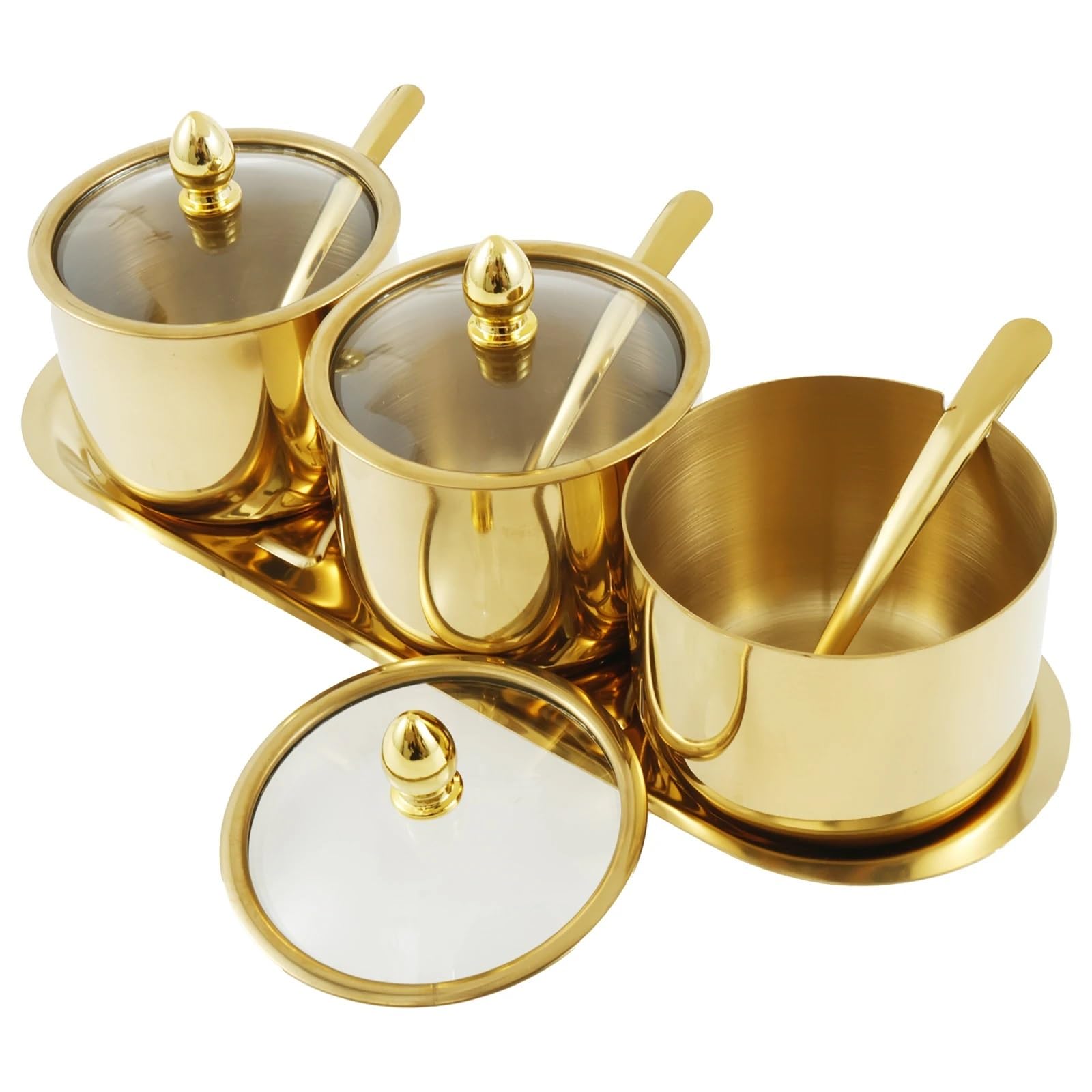 CNYUON Stainless Steel Seasoning Box, Set of 2 Storage Container with Spoon Gold Rack Spice Pots for Pepper(Gold B)