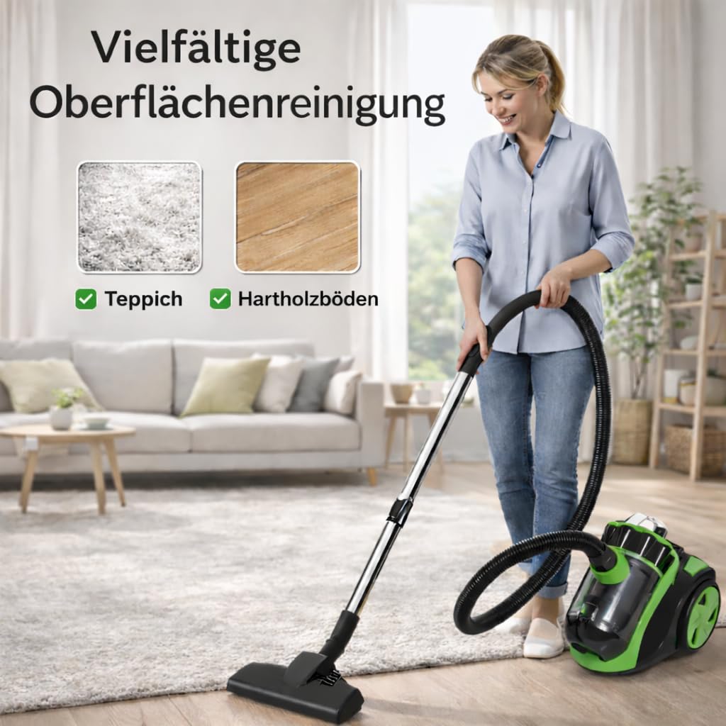 Herrselsam Aspirateur sans sac, silencieux, forte puissance d'aspiration, 3 têtes d'aspiration, brosse de sol, long câble, filtre hygiénique pour parquet, tapis