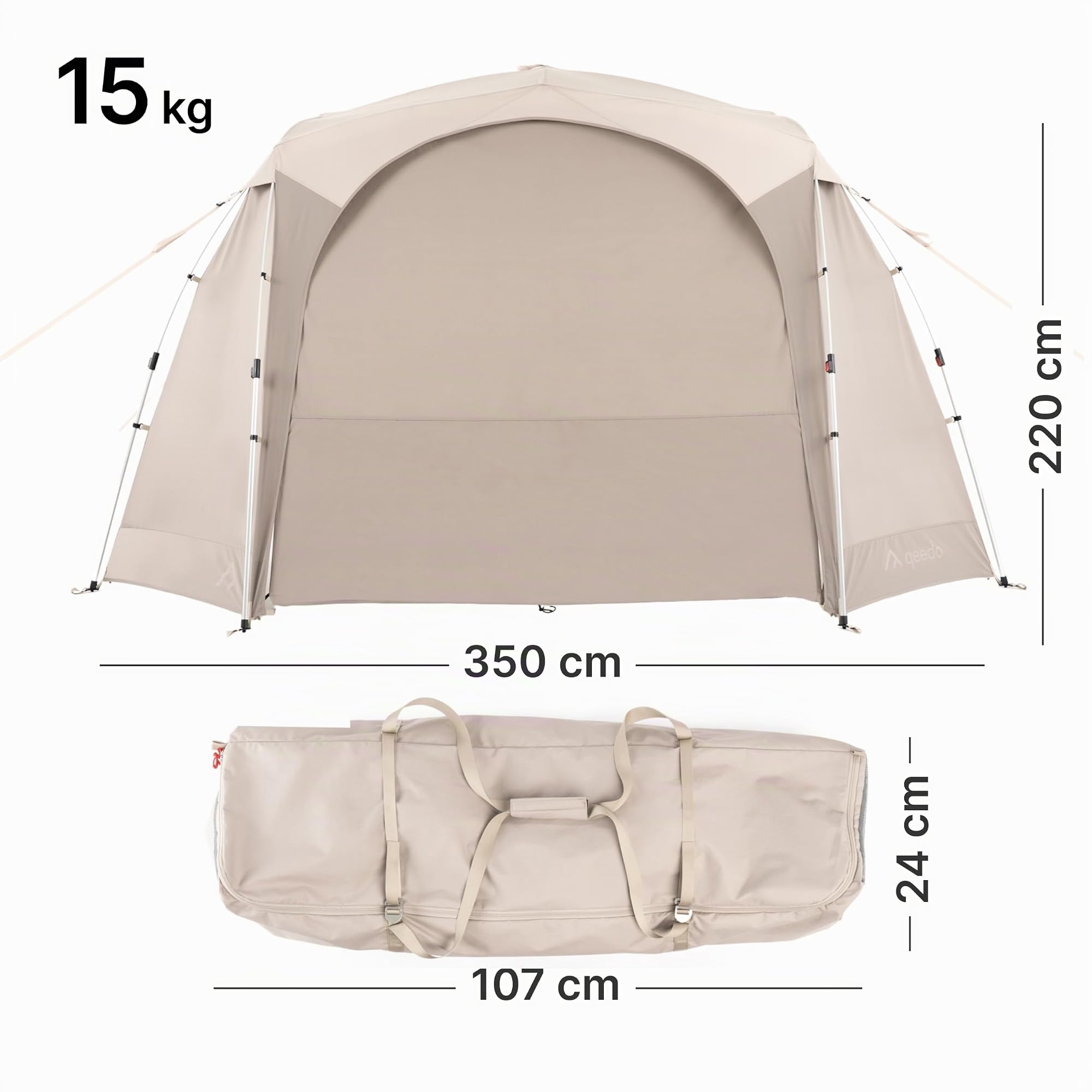 qeedo Camping Pavillon 3,5 x 3,5 m - Pop up Pavillon mit UV80+ Sonnenschutz und 4 Eingängen für Camping und Garten oder als Partyzelt (mit 4 Seitenwänden)