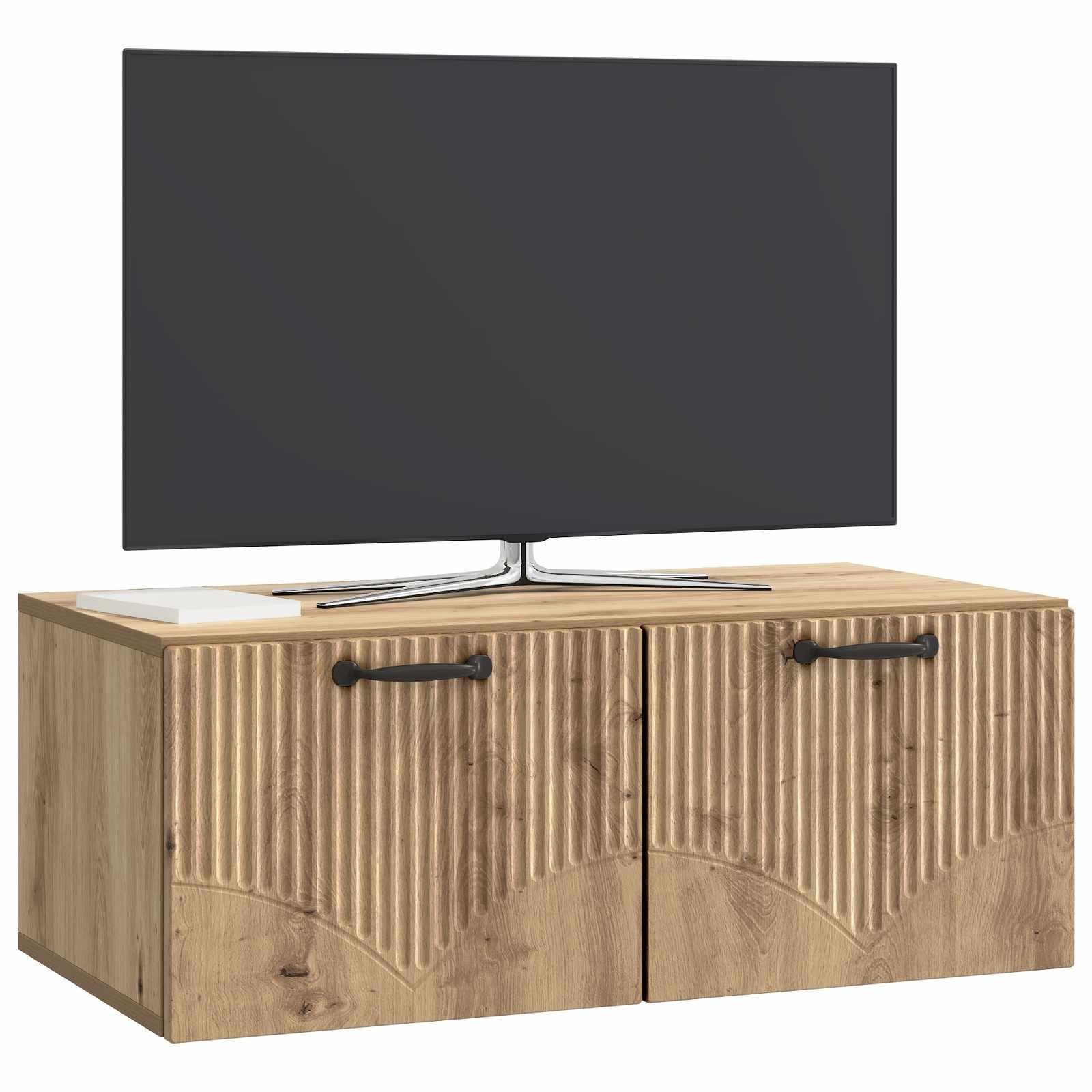 Meuble TV Mural Moderne Blanc ou Chêne Artisanal pour Salon, Meuble de Rangement Suspendu en Bois d'Ingénierie pour Écran Plat et Matériel Audio avec 2 Portes, Dimensions 78,5x41x30 cm