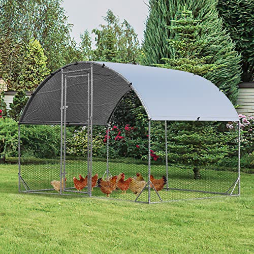 GYMAX Enclos Poulailler en Métal 2,8x1,9x2m, Parc Grillagé avec Protection Solaire et Housse Imperméable, Piquets de Sol, Abri pour Élévage de Volaille...
