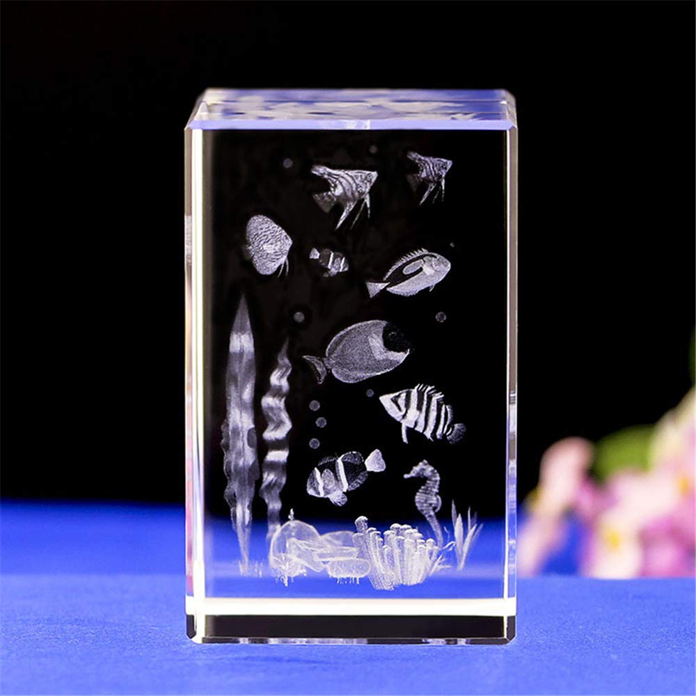 Crystal Glass Undersea World Crafts,3d Laser Etched Crystal Aquarium Art Decor,Crystal Glass Cube Engraving Ornament Aquarium Sculpture Gifts With Gift Box (50 * 50 * 80mm)