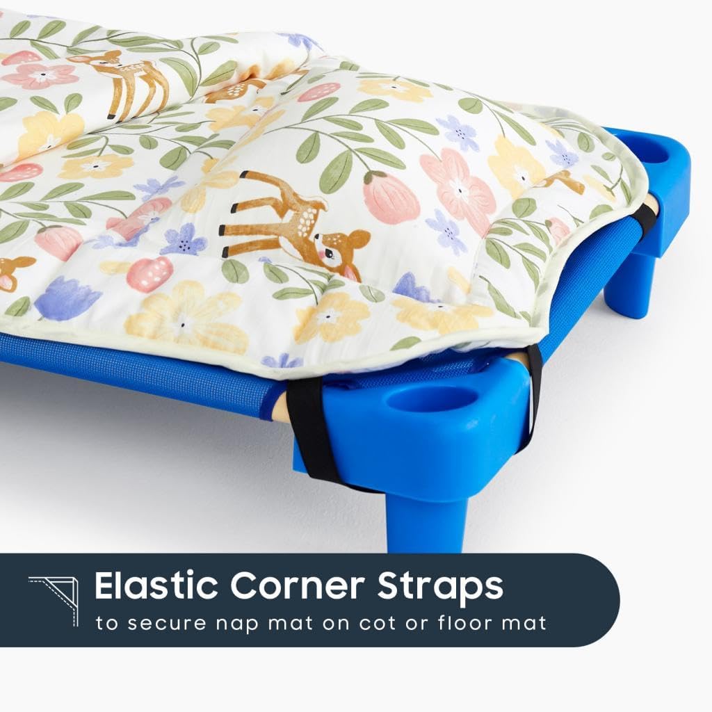 Wake In Cloud - Cot Nap Mat with Pillow and Blanket, for Toddler Kids Girls Ages 3 Plus in Daycare Kindergarten Preschool with Elastic Corner Straps, Floral Botanical Flowers