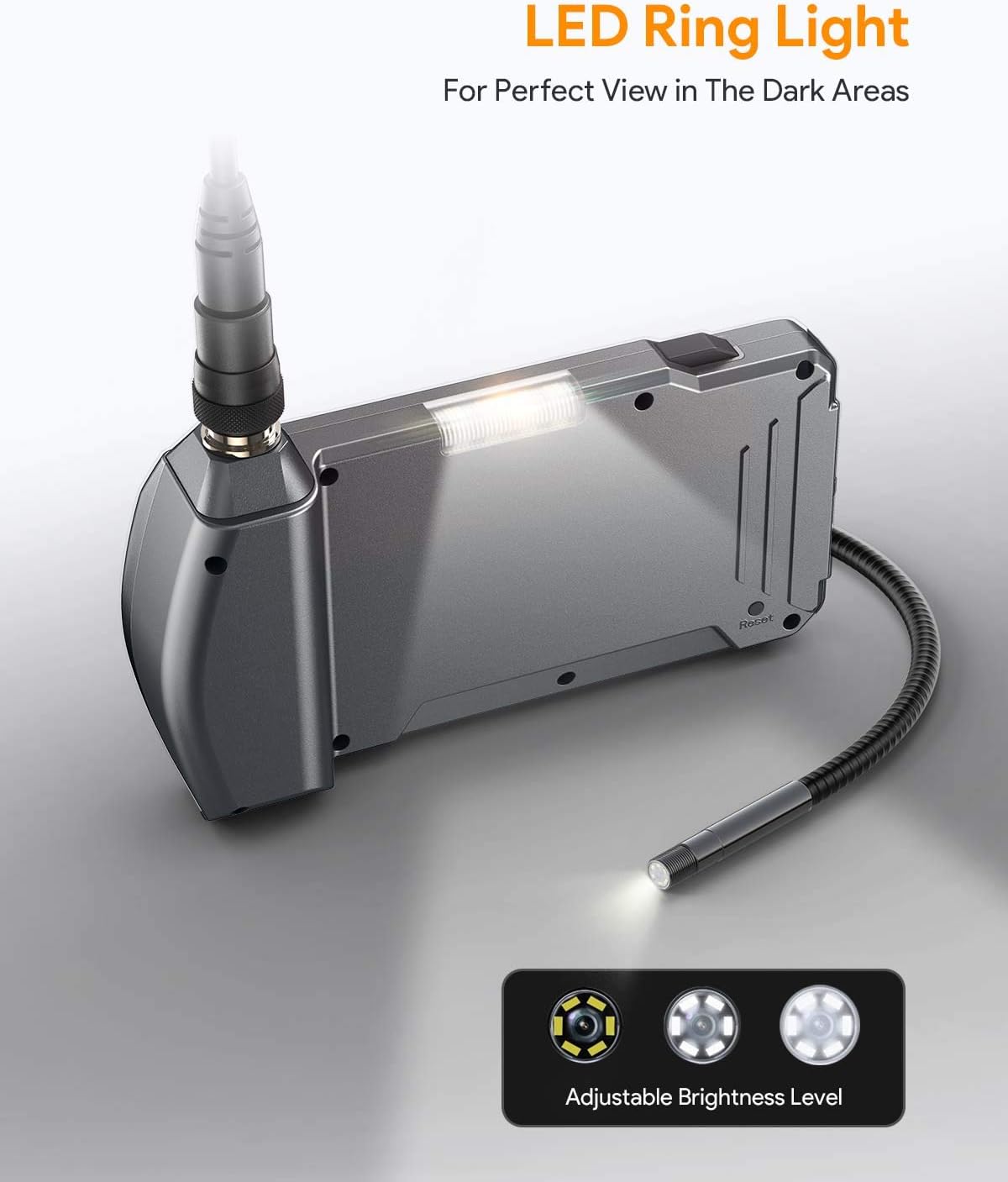 Endoscope monitor showing LED ring light with adjustable brightness levels