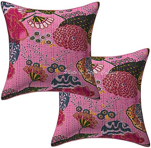 Indian Decorative Sofa Couch Toss Throw Pillow Cases 40x40 cm Cotton Hallway Decor Baby Pink Tropicana Printed Kantha Square Luxury Envelope Ethnic 16x16 Inch Cushion Covers - 2 Pcs image 4