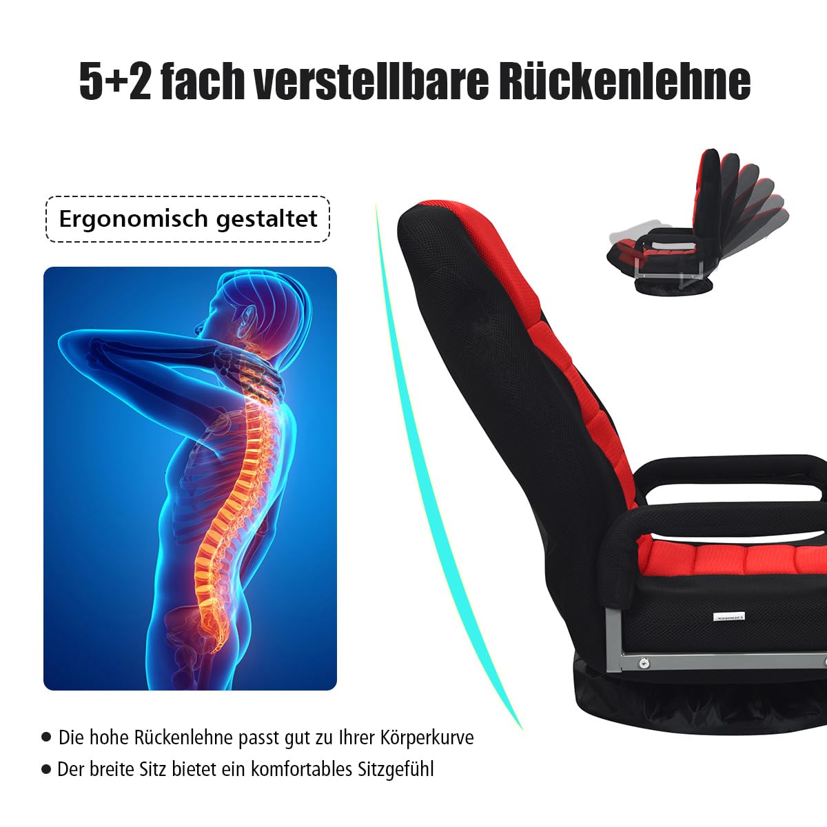 RELAX4LIFE Bodenstuhl Klappbar, Bodensessel mit 7-Fach Verstellbarer Rückenlehne & 360° drehbarem Sockel, Relaxsessel bis 150 kg belastbar, Lazy Sofa mit Armlehnen, für Wohnzimmer, Schlafzimmer, Büro