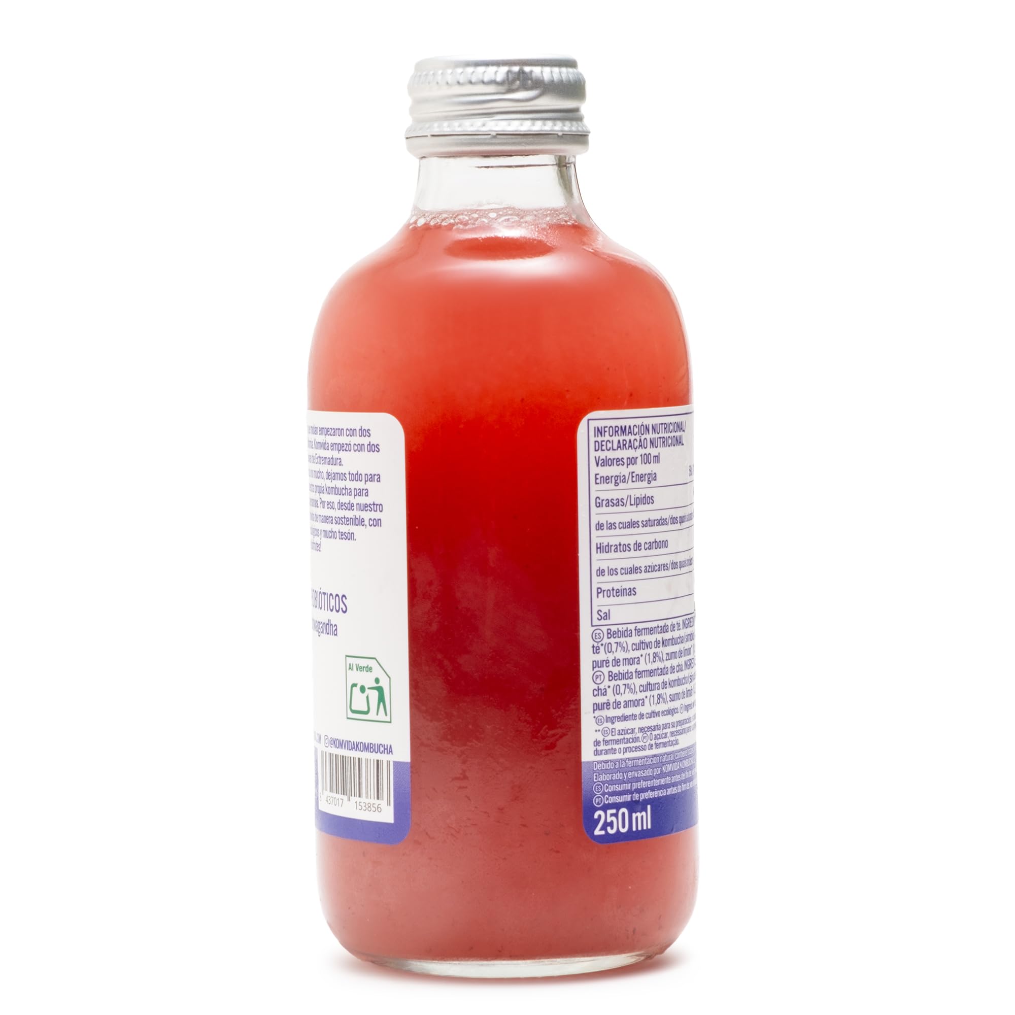 Kombucha Komvida Superflow Ecológica Té fermentado Ashwagandha Mora Probióticos Naturales Sin Azúcares 250ml