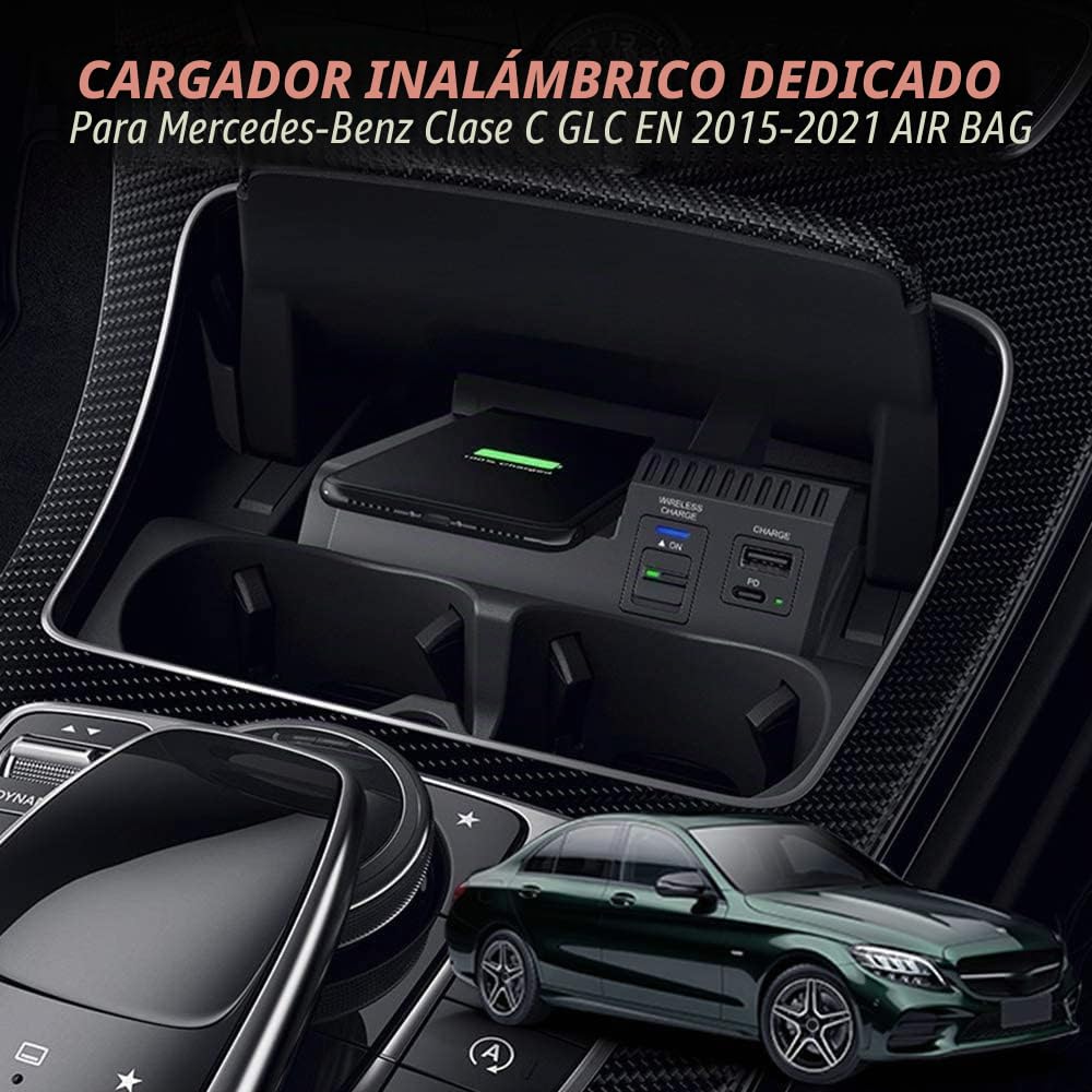 2021 Nuevo Cargador Inalámbrico Coche Auto para Mercedes-Benz C-Class GLC AMG 2015-2021 Consola Central Panel, 15W Qi Carga Rápida Teléfono Cargador con USB y 18W PD para iPhone Galaxy