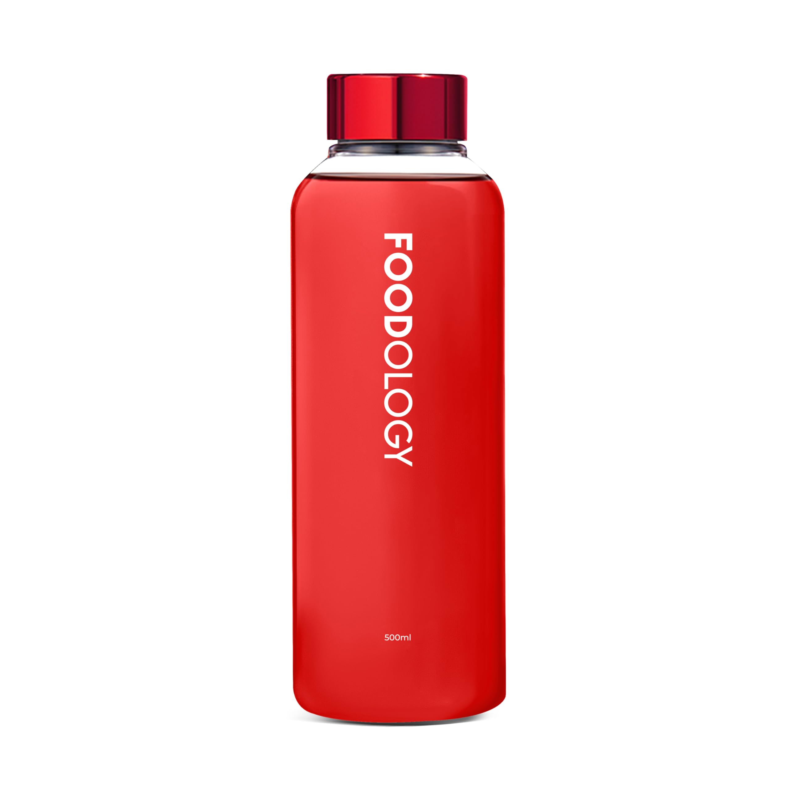 FOODOLOGY Bottle for Drink Mix (Red, 16.9fl oz) - Leak Proof, Lightweight, Durable Sports Water Bottle. Reusable for Gym, Outdoor, Travel. BPA Free, Clear Beverage Container with Marker