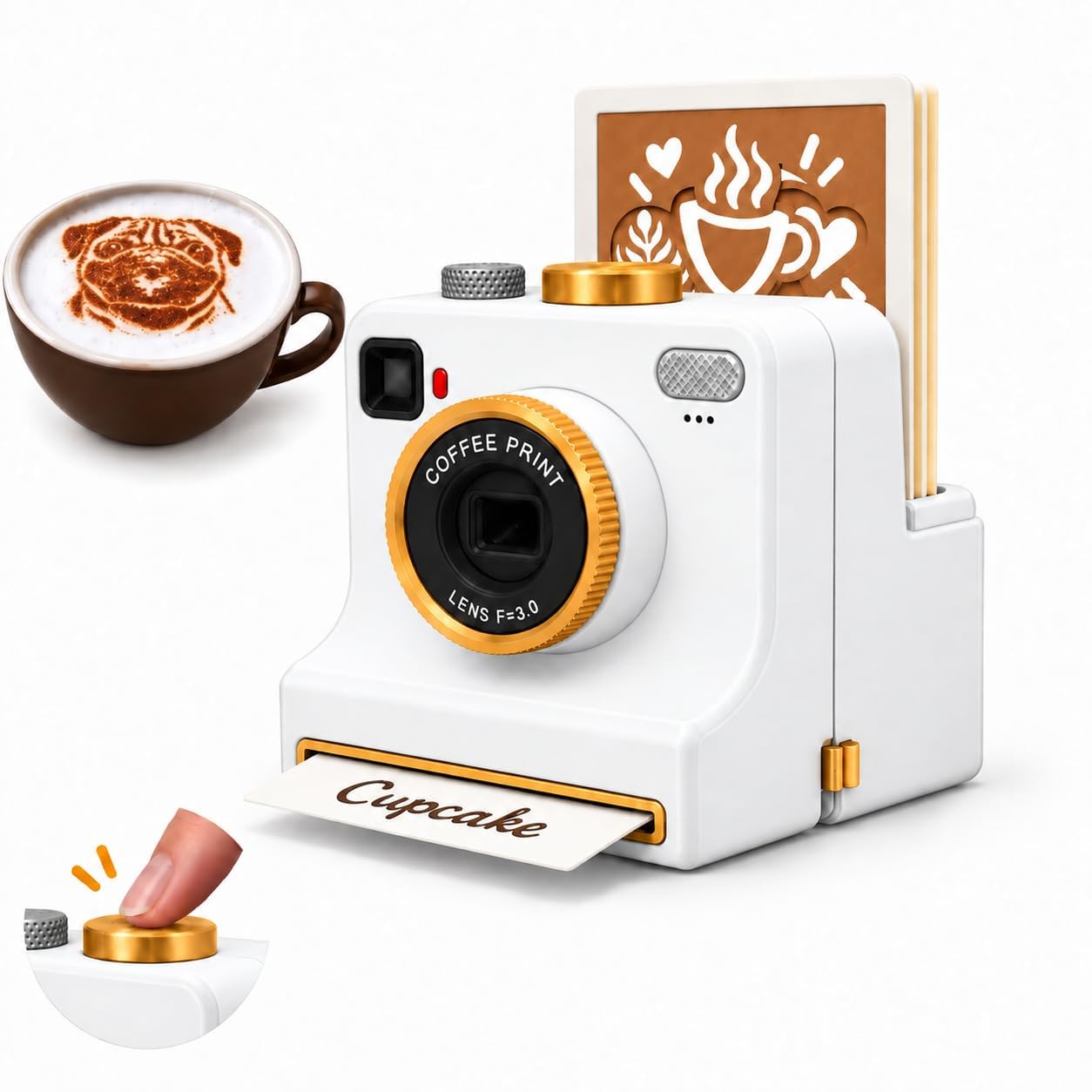 Coffee Printer, Mechanical Latte Art Stencil Camera with 4 Cards (White)