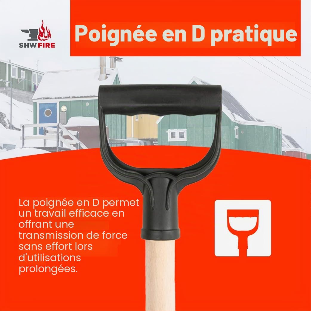 SHW-FIRE Pelle à neige en plastique, avec un manche rond en bois, 110 cm de long
