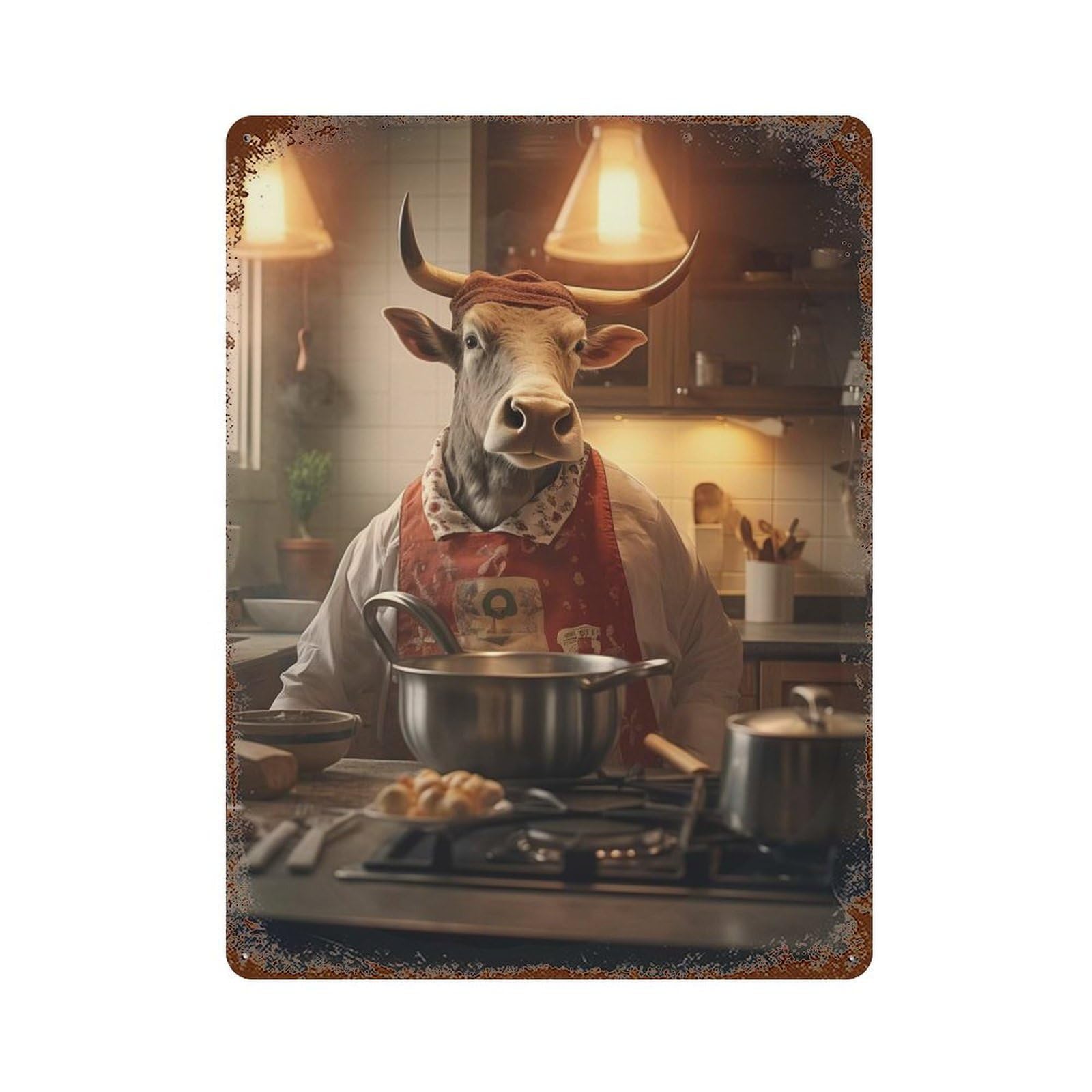 Bull Cooking Kitchen Funny Rustic Tin Plaque 15.7"x11.8", for Pub, Kitchen And Man Cave Decor, Vintage Wall Decor