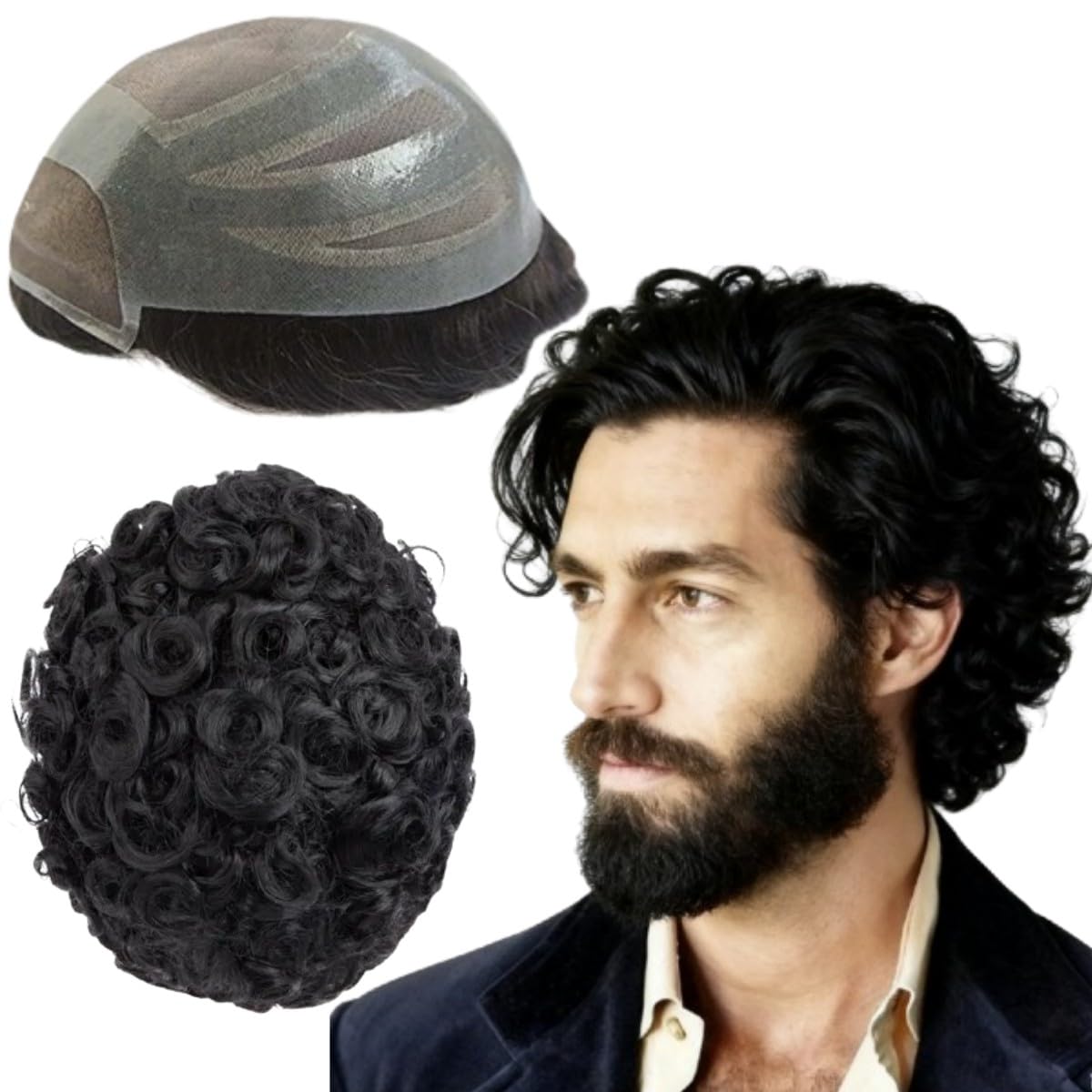 Toupee for Men Human Hair Wigs Mens Toupee European Virgin Human Hair Units Curly Wave Mens Wig Toupee Hair Real Human Replacement System for Man FPM