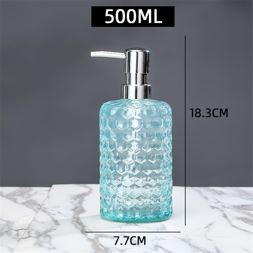 Dispenser di Sapone per Bagno, per casa/Hotel/Bagno, flacone in Vetro pressato per lozione, 500 ml, cilindrico Trasparente, Blu/Grigio/Verde/Giallo, Dispenser da Cucina (Blu)