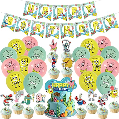 SpongeBob Party Decorations Kit | SpongeBob Birthday Party Supplies Set | Cartoon Themed Party Decor for Kids and Adults | Includes Happy Birthday Banner, Cake Topper, Cupcake Toppers and Latex Balloons