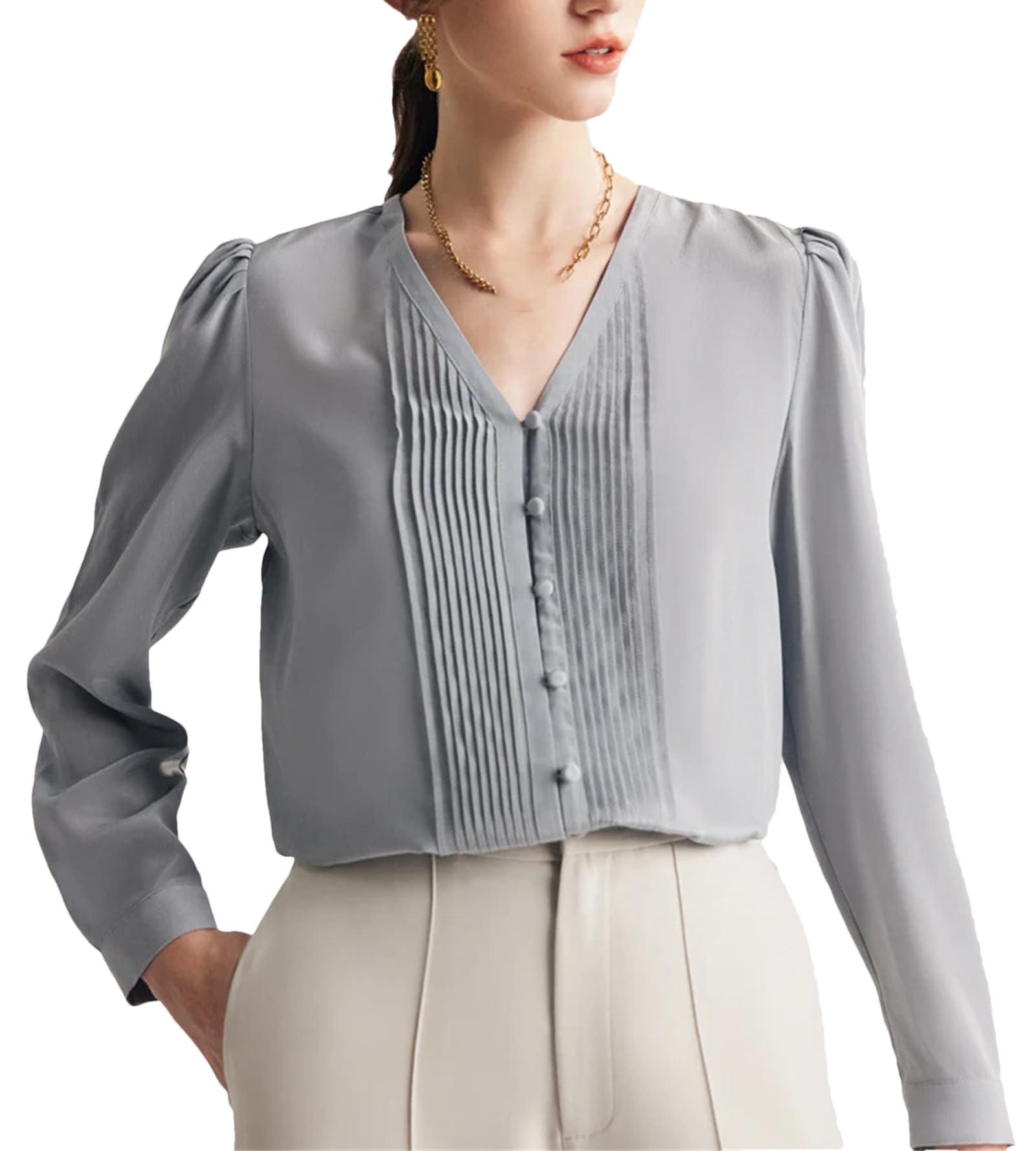 Camisas lisas de seda con cuello en V y manga larga para mujer, blusas elegantes para otoño e invierno, para la oficina