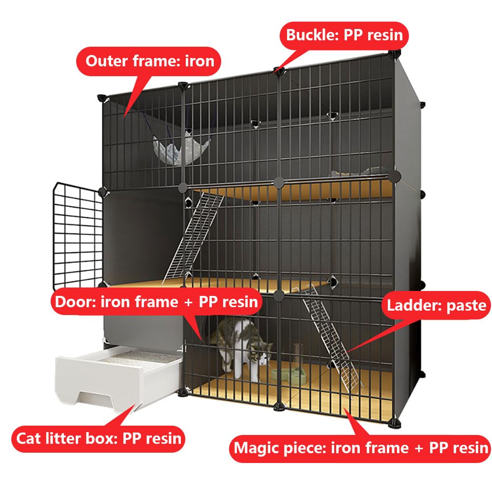 DIY Petit Animal Cage pour Animaux, Enclos Chat Balcon Metal, Clôture Pliable pour Lapins, Cochons d'Inde, Chiots, Chat, Furet - Extérieur/Interieur, Noir, 111x49x75cm