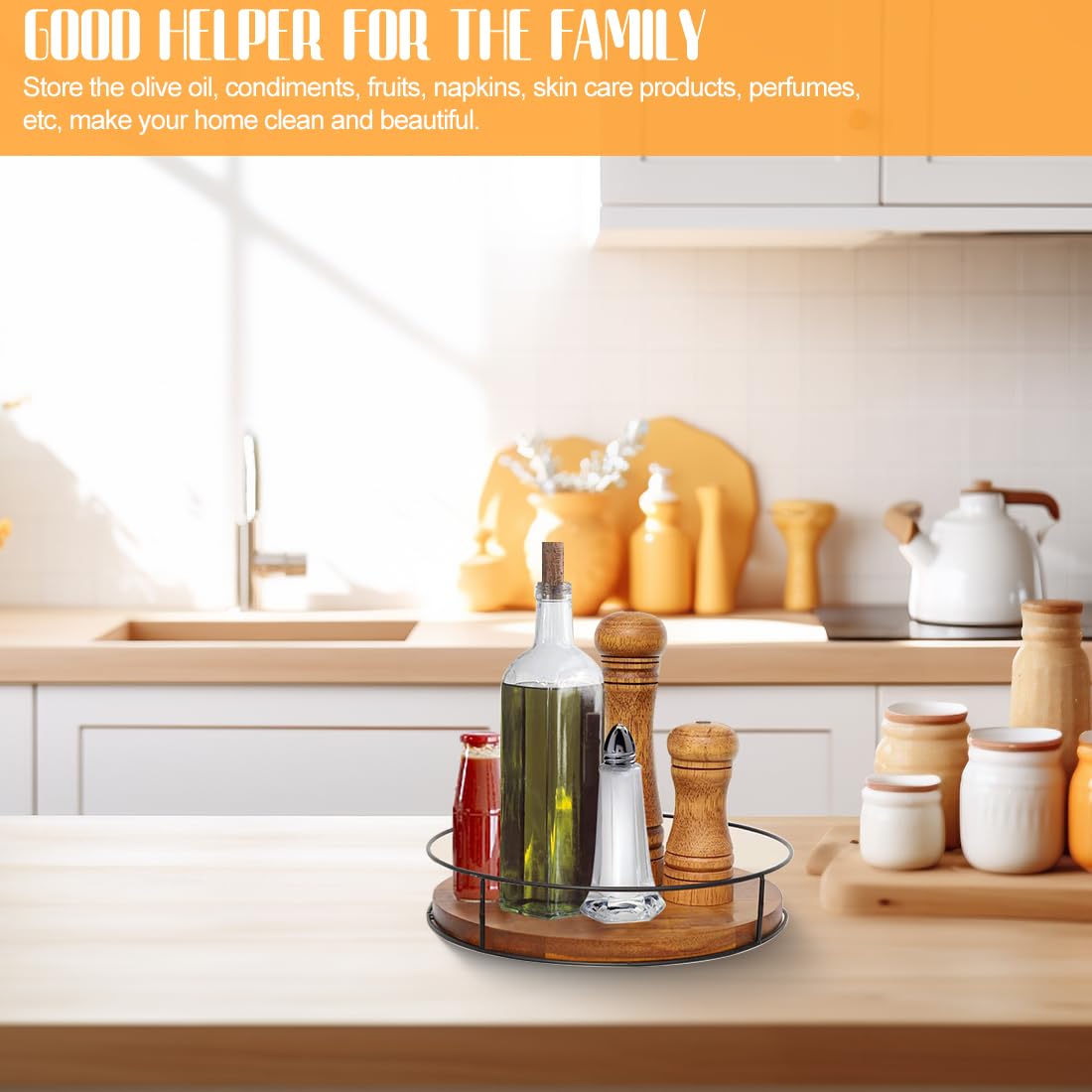 Gramofon Lazy Susan 360°, antypoślizgowy drewniany organizer do przechowywania do kuchni i łazienki, obrotowy stojak na przyprawy, spiżarnia i półka do szafki dla łatwego dostępu i przechowywania bez
