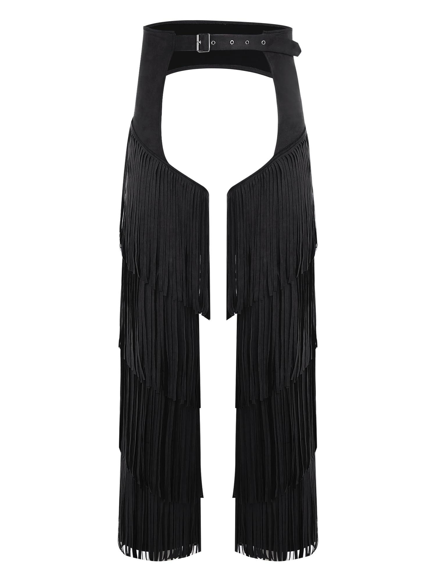 Kvysinly Mens Faux Suede Cowboy Chaps Adjustable Waist Hollow Out Fringed Pants for Theme Party Black L