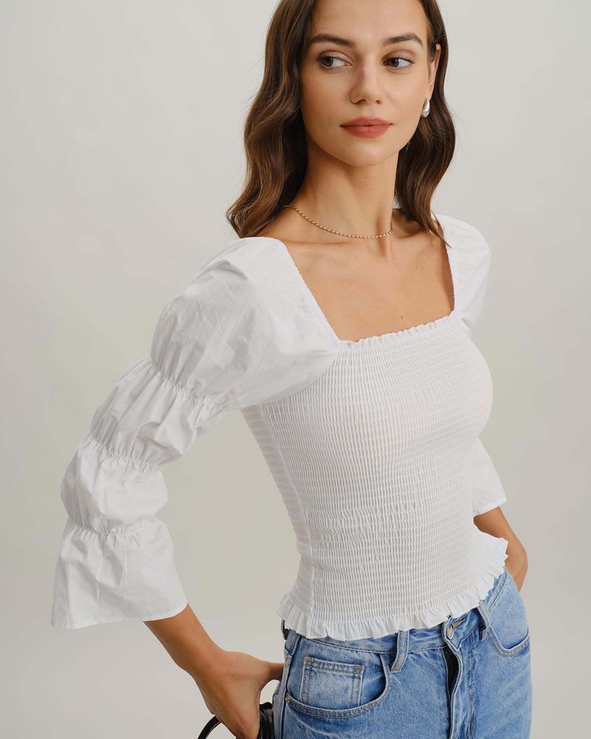 Women Blouse Vintage Square Neck Puff Long Sleeve Tees Ruffled Tie-Back Ruched Top Elegant Fall Winter Fashion - Image 7