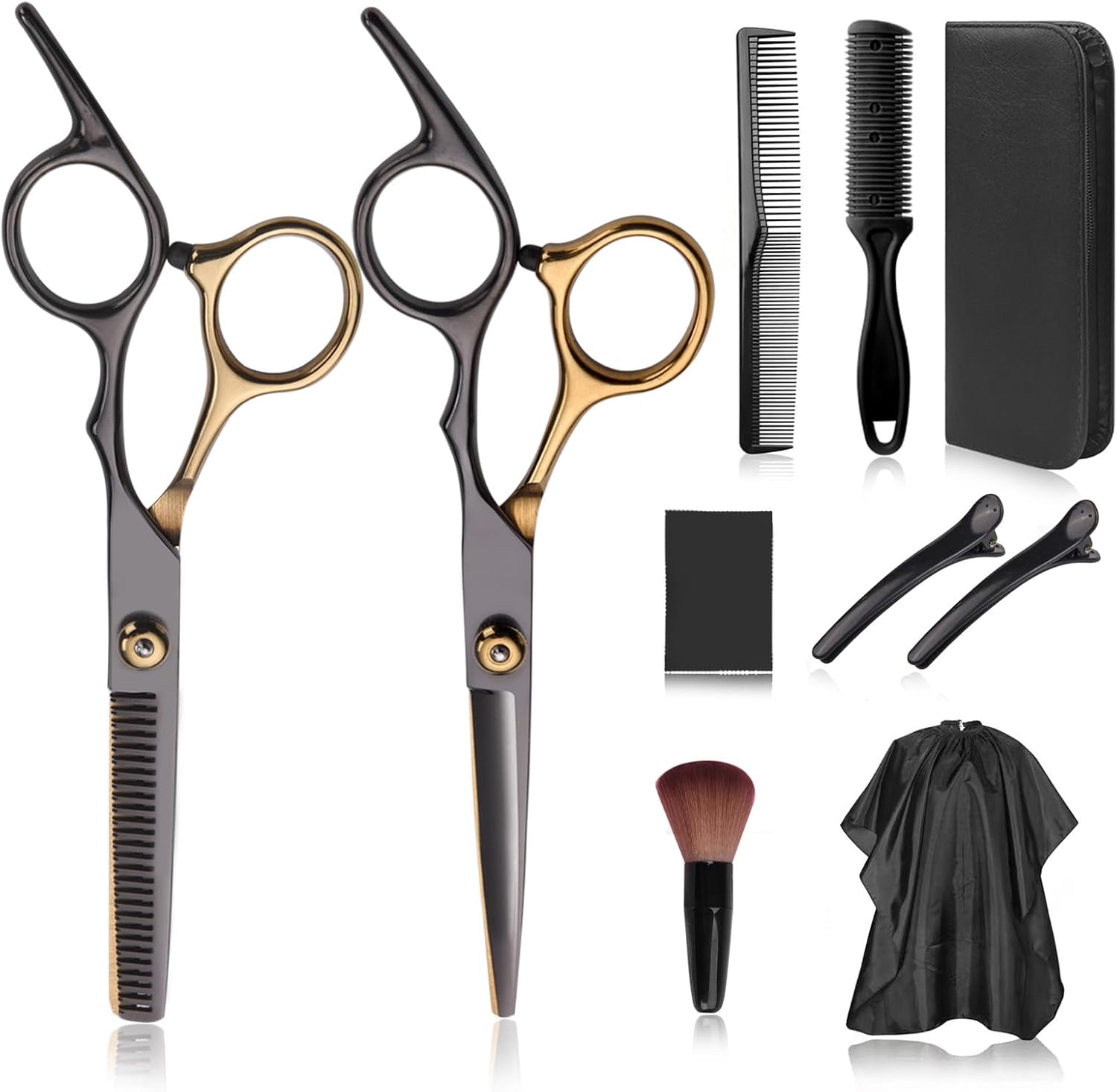 Hair Cutting Scissors Kit, Hair Scissors Professional Haircut Scissors with Stainless Steel Hair Shears, Thinning Shears, Haircut Accessories in Leather Case for Salon/Home- 10PCS Gold Black Hair Cutting Scissors Kit, Hair Scissors Professional Haircut Scissors with Stainless Steel Hair Shears, Thinning Shears, Haircut Accessories in Leather Case for Salon/Home- 10PCS Gold Black