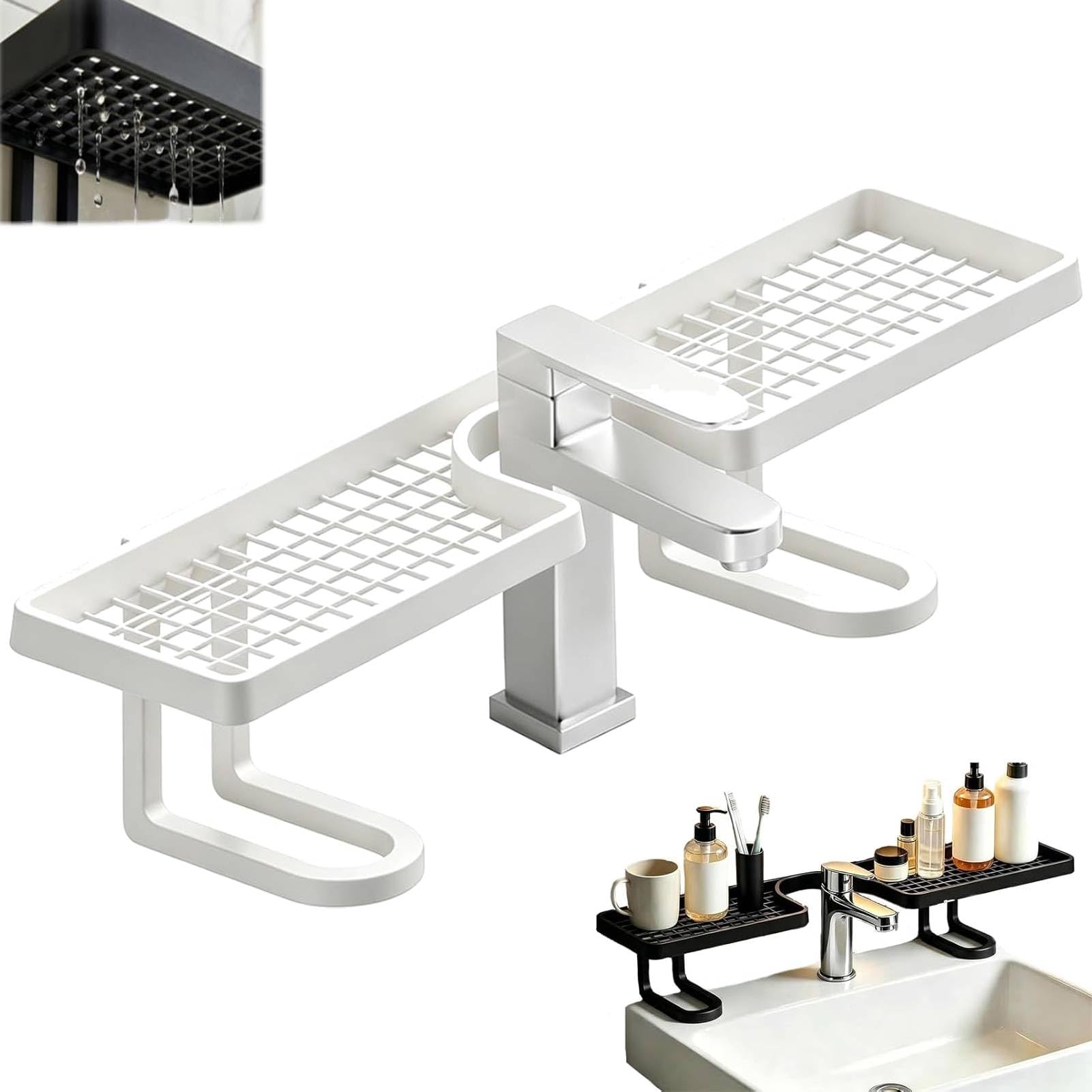Dietro il rubinetto, organizer per lavello senza fori, organizer per lavello universale, rimovibile, a forma di U, per bagno, cucina, piano di lavoro (bianco)