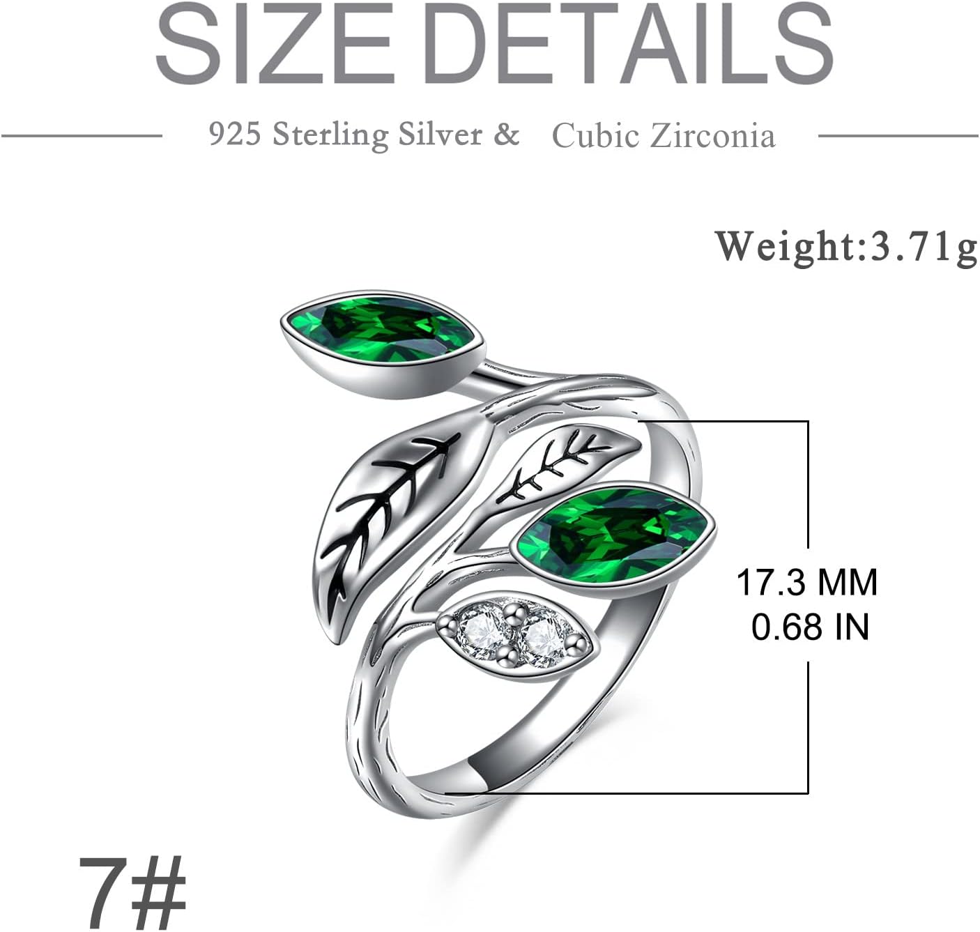 AOBOCO Adjustable Leaf Ring for Women Sterling Silver Leaf Birthstone Rings Christmas Birthday Anniversary Jewelry Gifts for Women Dimensions(6# to 9#) - Image 4