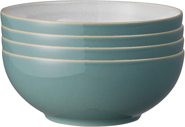 Denby - Elements Fern Green Cereal Bowls Set of 4 - Dishwasher Microwave Safe Crockery 820ml 17cm - Green, White Ceramic Stoneware Tableware - Chip & Crack Resistant Soup Bowls