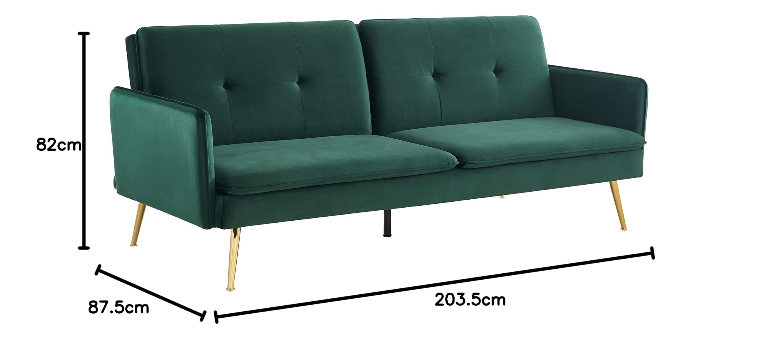 BAÏTA Adam - Divano dritto convertibile a 3 posti, in velluto, verde, 203,5 x 87,5 x 82 cm