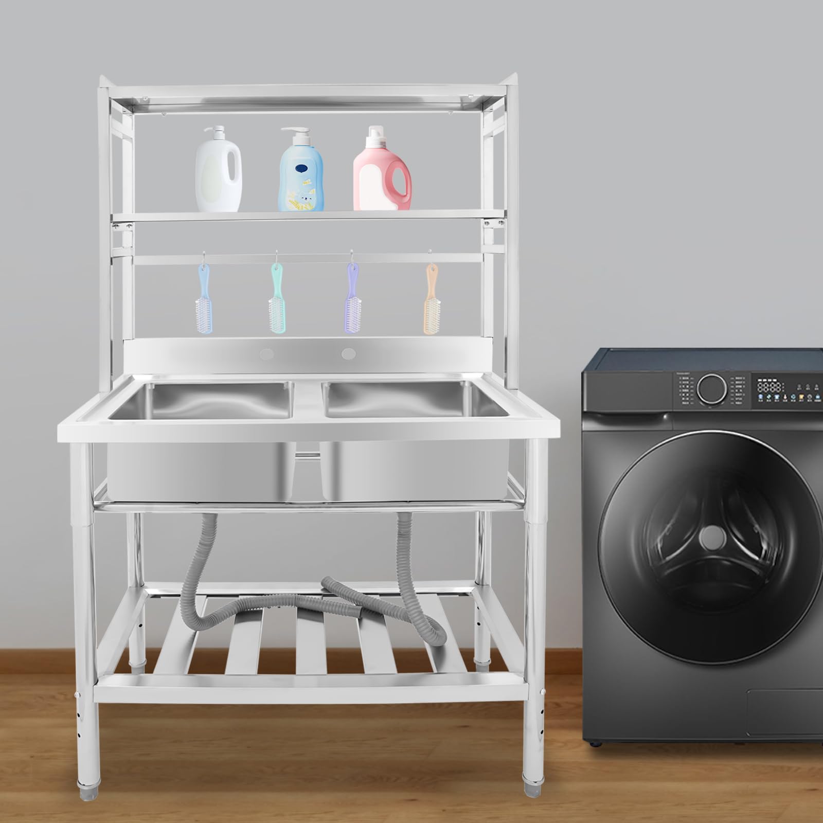 JAYGOVAN 2-Compartment Commercial Sink with Shelves Over & Drying Rack Underneath,304 Stainless Steel Sink with Drain Freestanding Utility Sink for Laundry Room, Restaurant - 35.4''×21.2''×67.7''