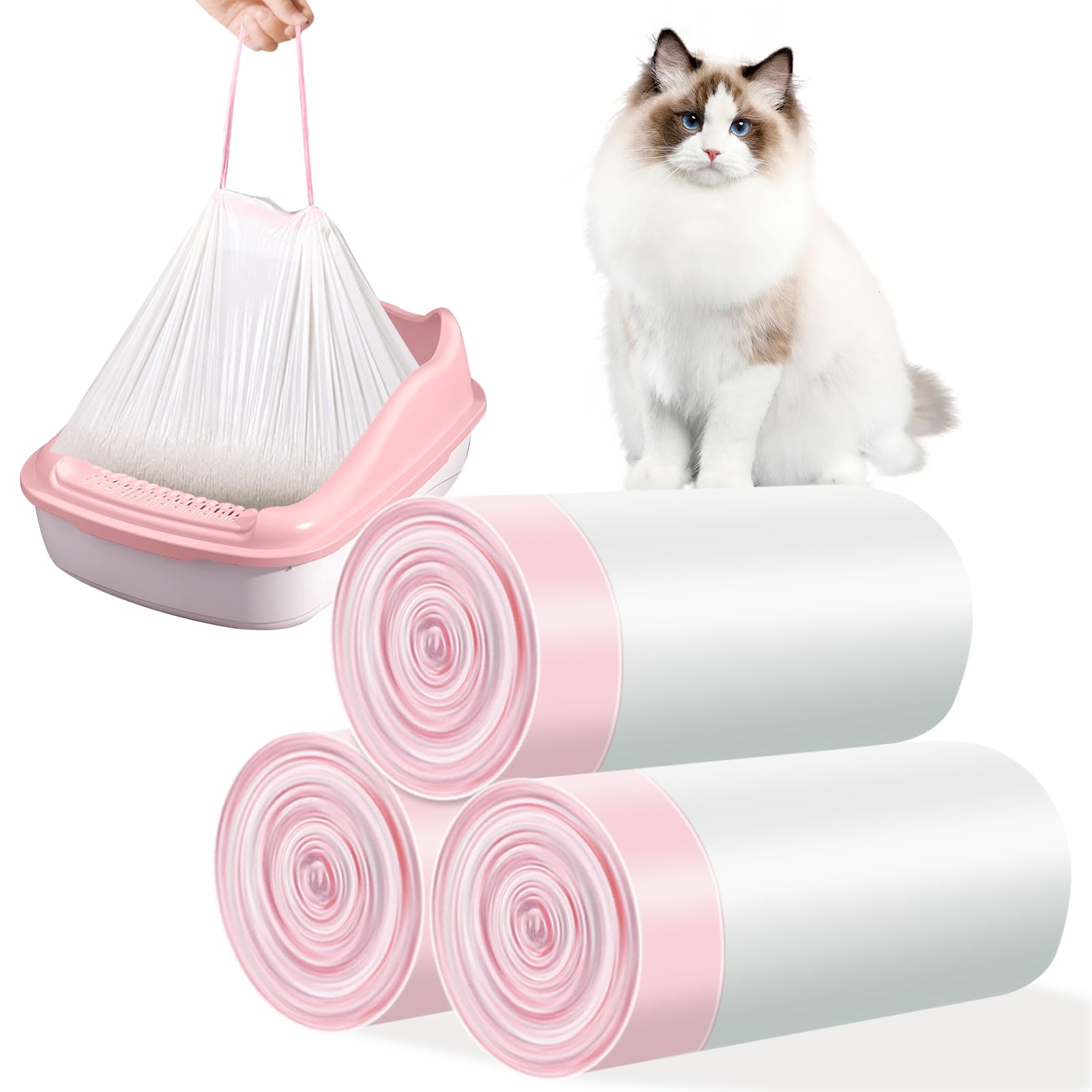 3 Rotolo Sacchetti Lettiera Gatto, 30 Pz Sacchetti per Lettiera per Gatti con Coulisse, Sacchetti per Lettiera Gatto Antistrappo, Sacchetti per Escrementi per Gatti Durevoli e Impermeabili (Rosa)
