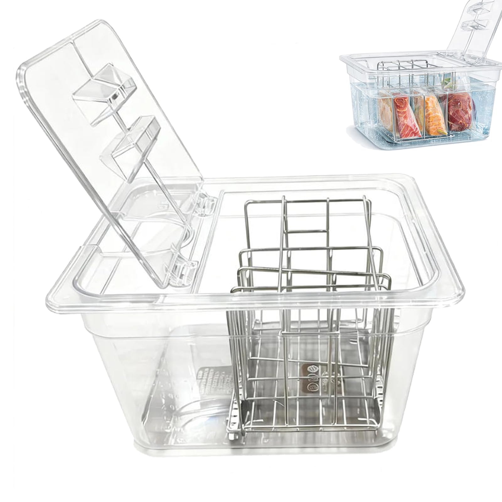 Contenitore Sous Vide, 11L con Coperchio Ribaltabile Aggiornato e Griglia in Acciaio Inox 32,5×26,5×20 cm Contenitore Trasparente BPA Free per Carne Pesce e Cucina Sottovuoto