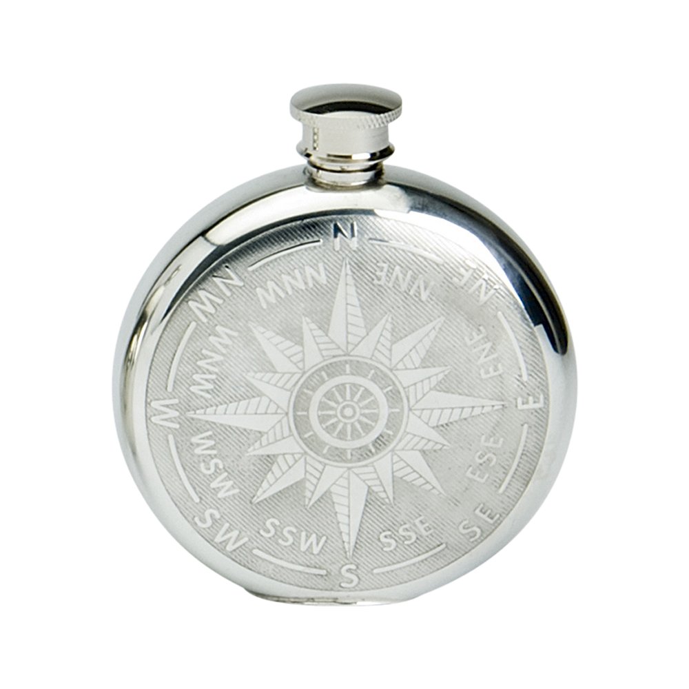 Edwin Blyde & Co Spirit Flask – Round Shape With Classic Compass Design, 6 oz, Pewter, 14 x 10 x 4 cm