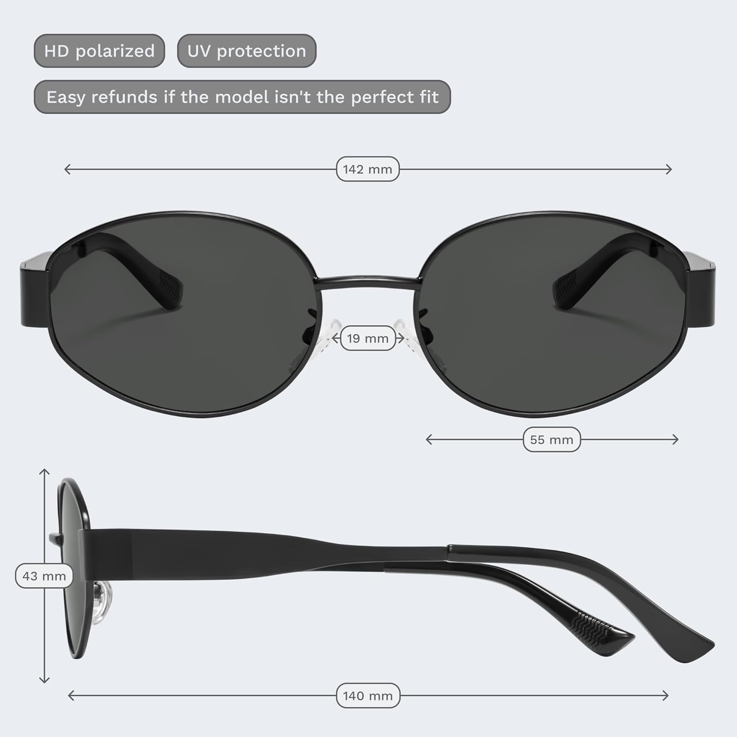 livho Retro Polarized Sunglasses - UV400 Protection, Oval Shape, Metal Frames - Matching Soft Case Inlcuded - Image 3